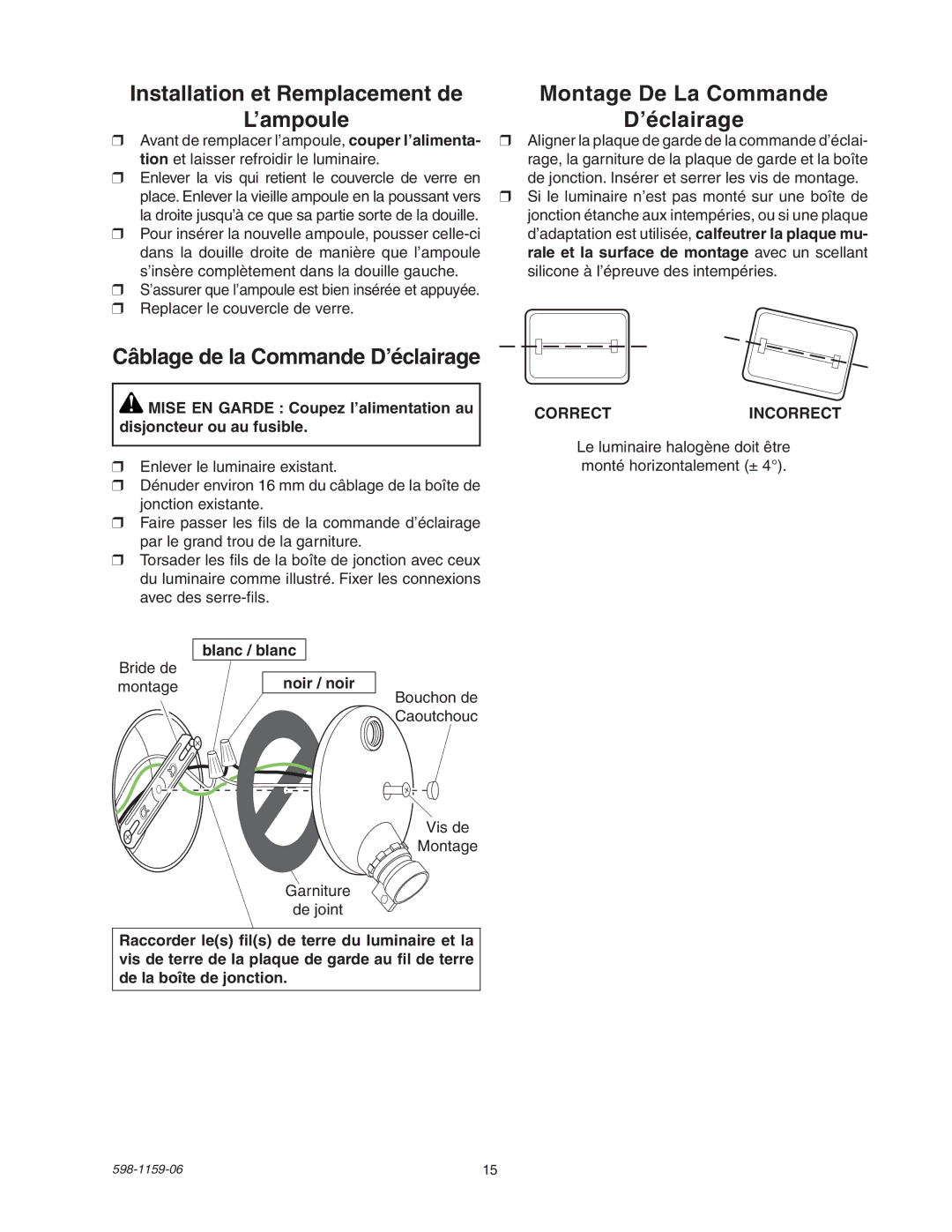 Heath Zenith SH-5511 manual Correctincorrect, Blanc / blanc Noir / noir 