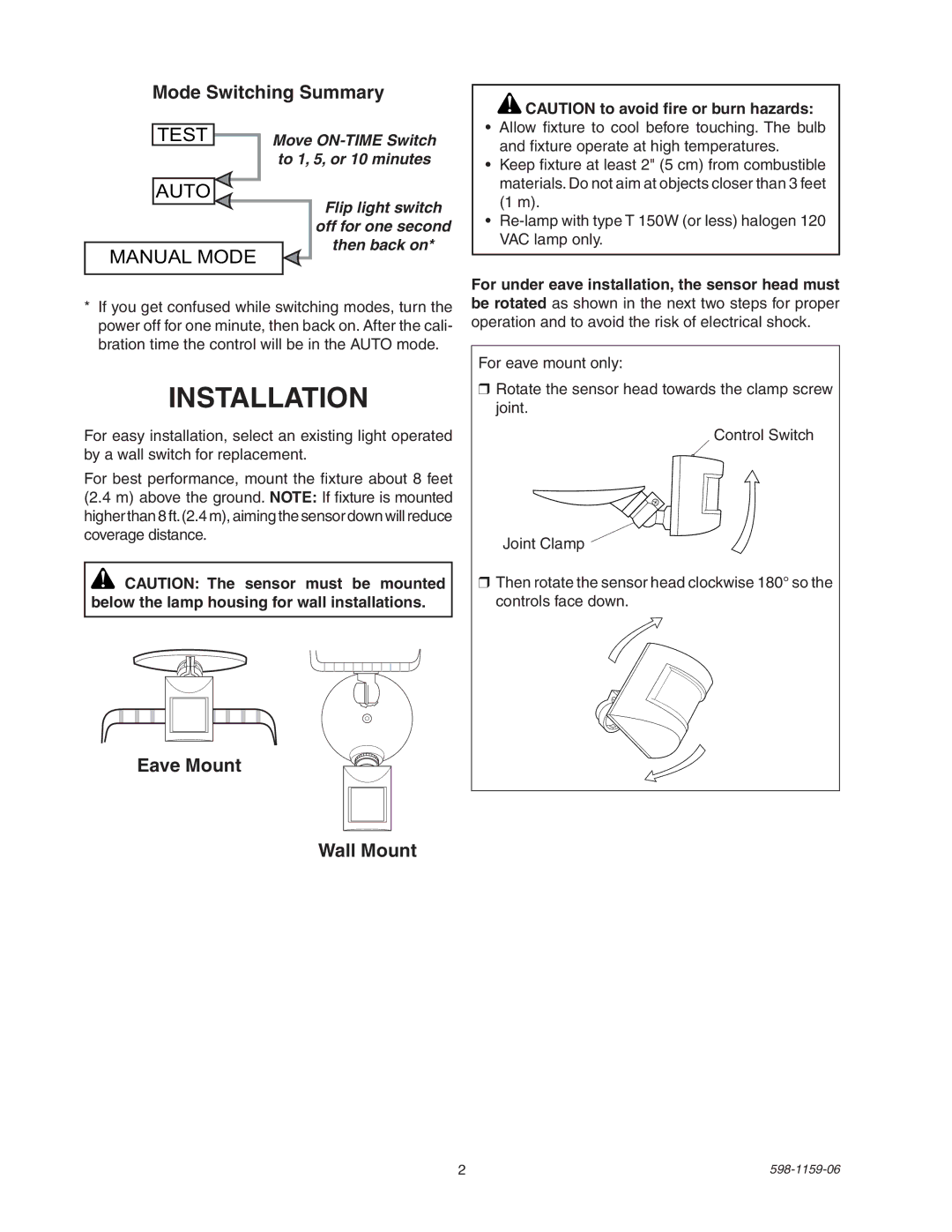 Heath Zenith SH-5511 manual Installation, Mode Switching Summary, Eave Mount Wall Mount 