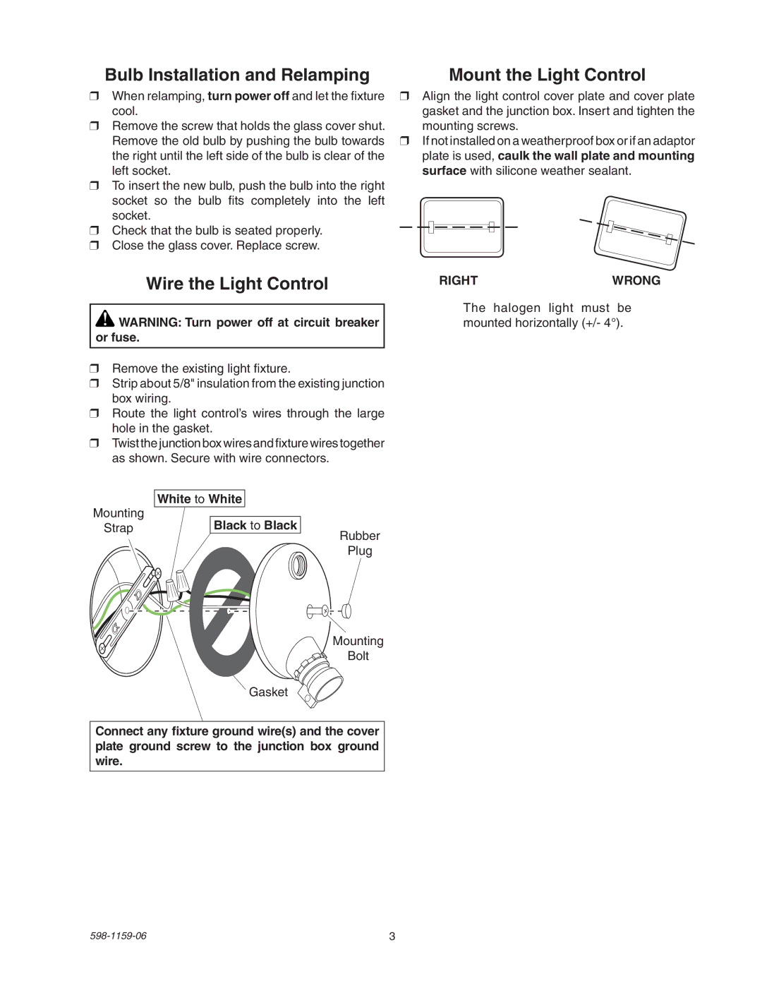 Heath Zenith SH-5511 manual White to White Black to Black, Rightwrong 