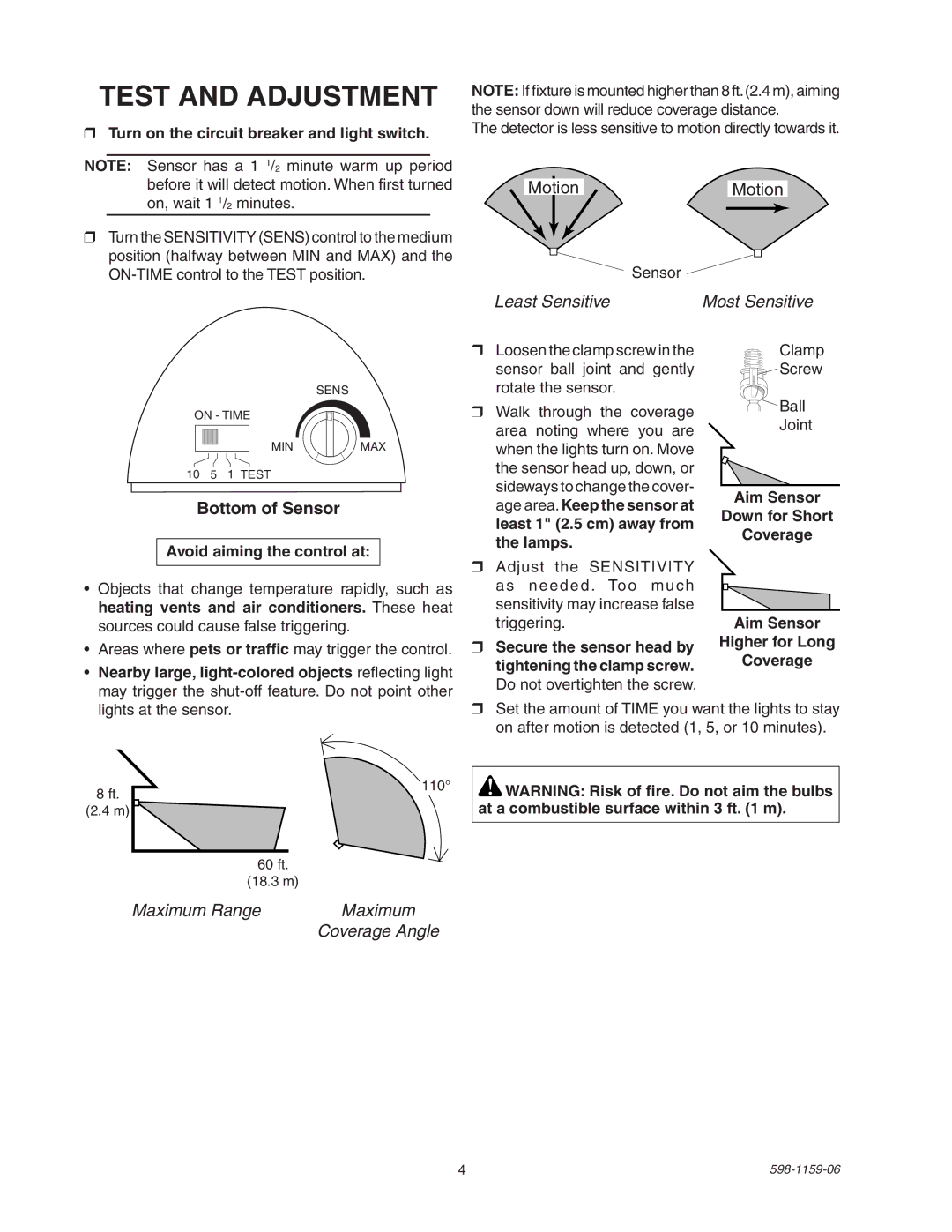 Heath Zenith SH-5511 manual Test and Adjustment 