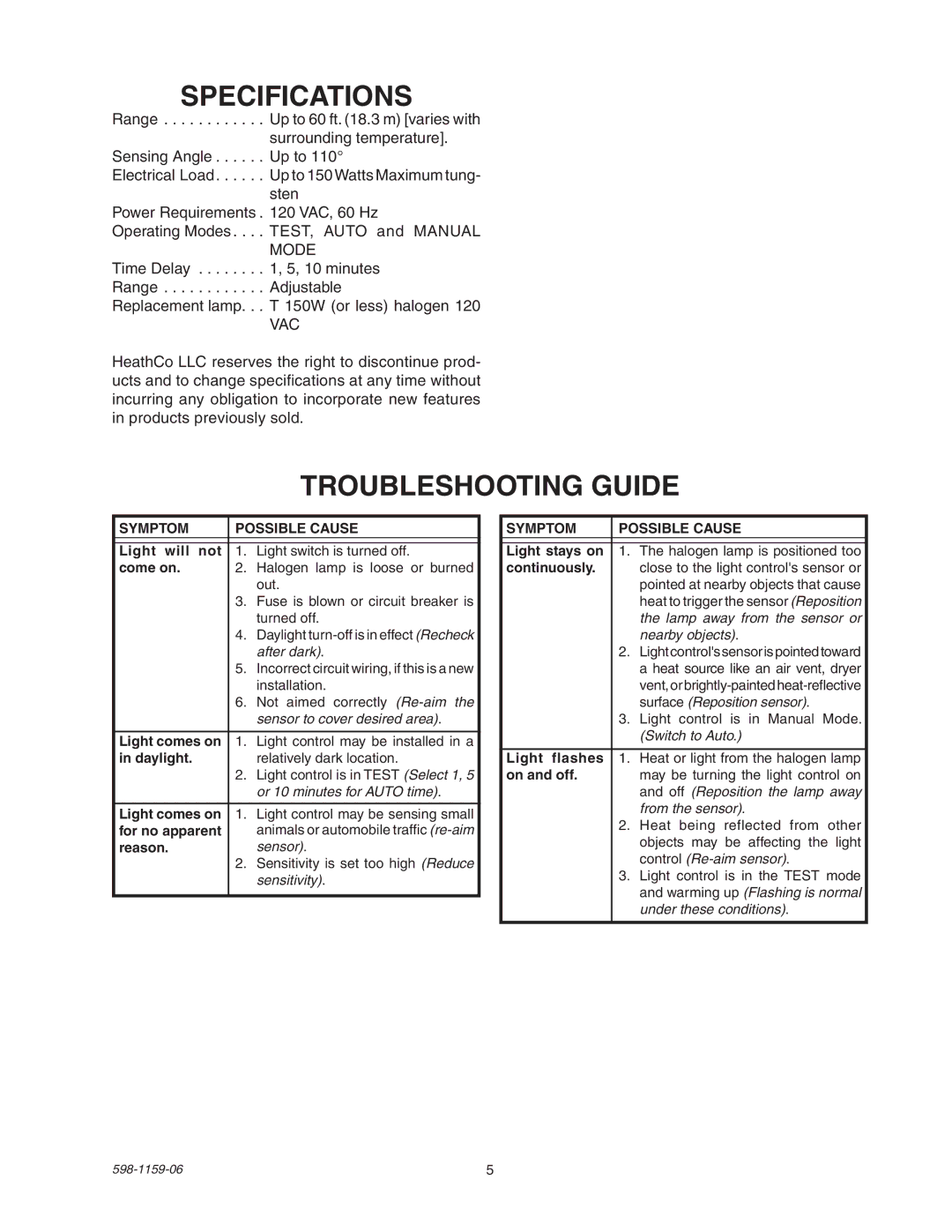 Heath Zenith SH-5511 manual Specifications, Troubleshooting Guide 