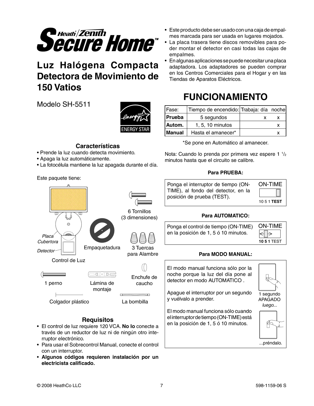 Heath Zenith SH-5511 manual Funcionamiento, Características, Requisitos 