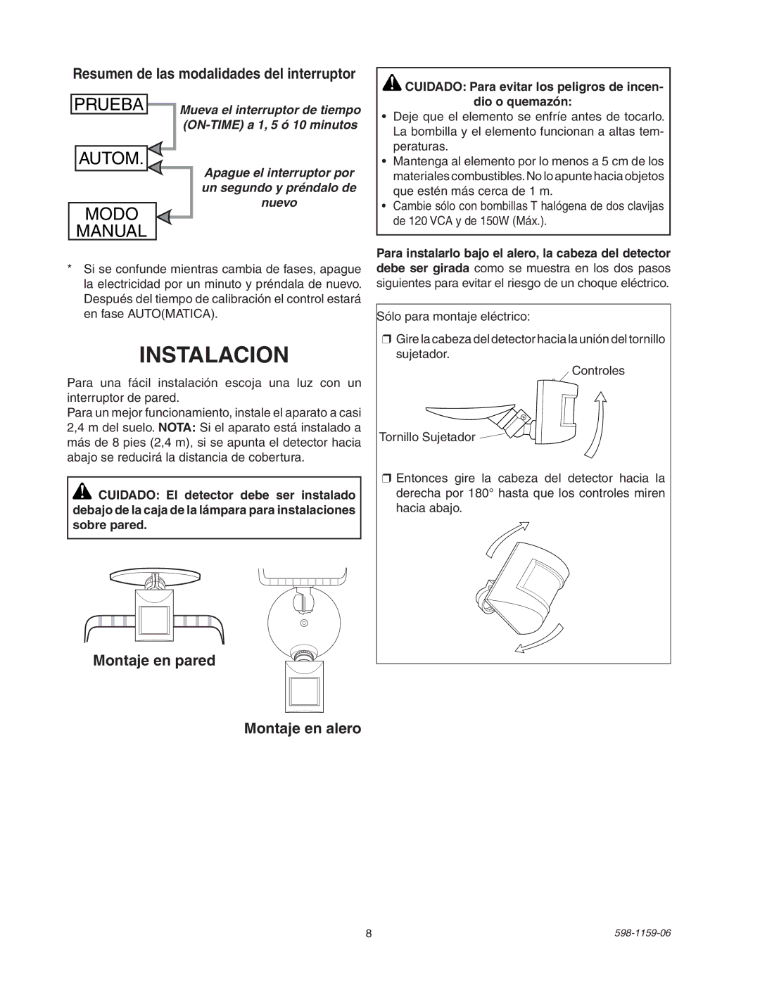 Heath Zenith SH-5511 manual Instalacion, Montaje en pared Montaje en alero 