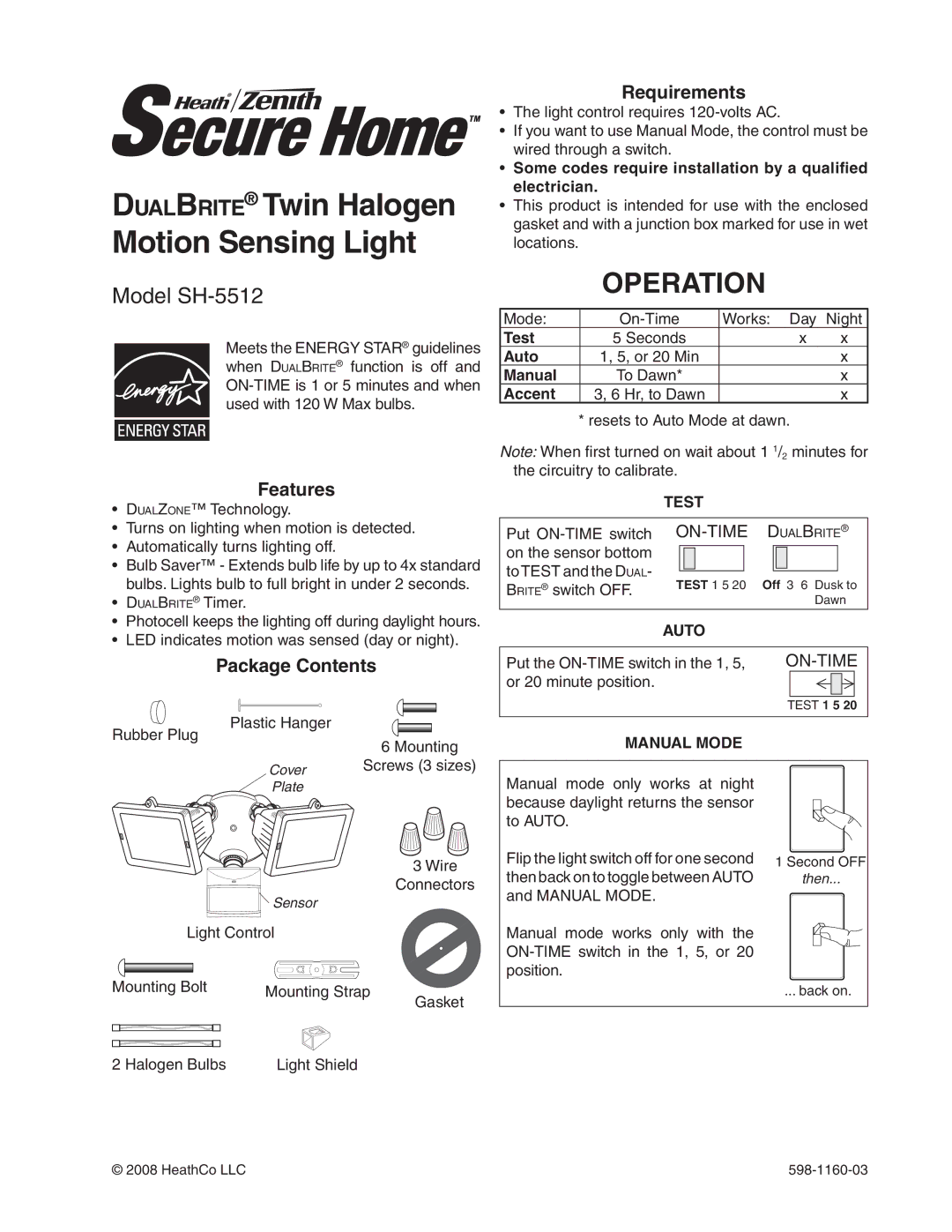 Heath Zenith SH-5512 manual Operation, Features, Package Contents, Requirements 