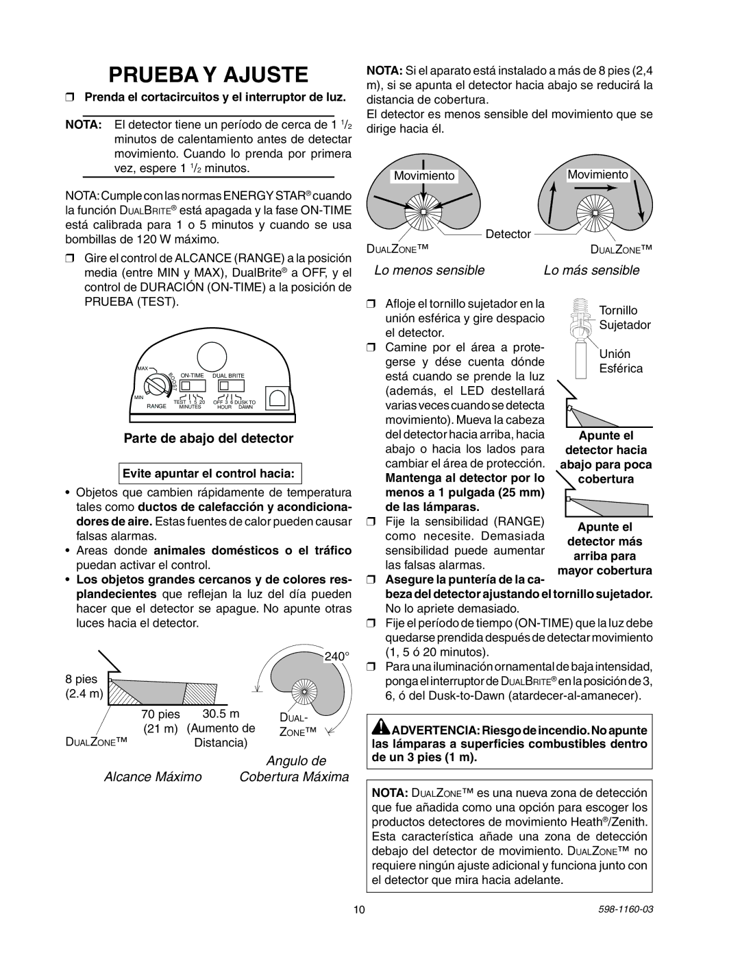 Heath Zenith SH-5512 manual Prueba Y Ajuste 