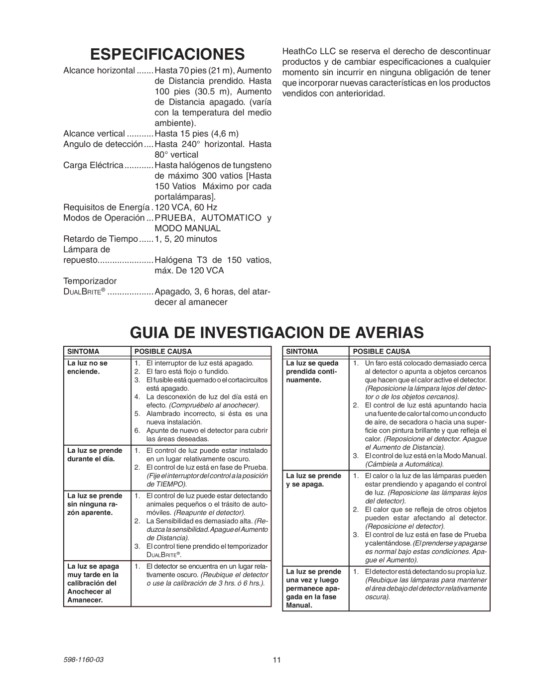 Heath Zenith SH-5512 manual Especificaciones, Guia DE Investigacion DE Averias 