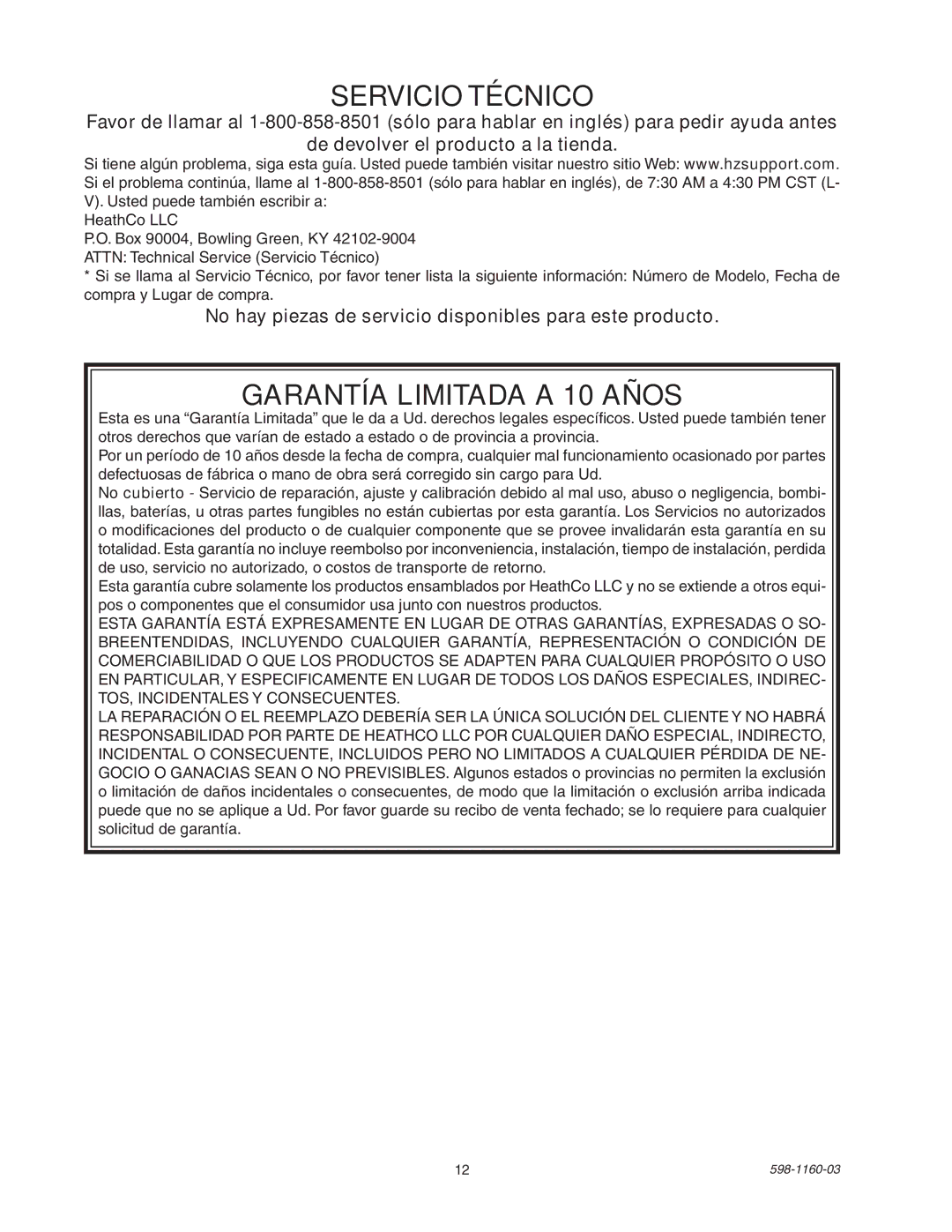 Heath Zenith SH-5512 manual Servicio Técnico, Garantía Limitada a 10 Años 