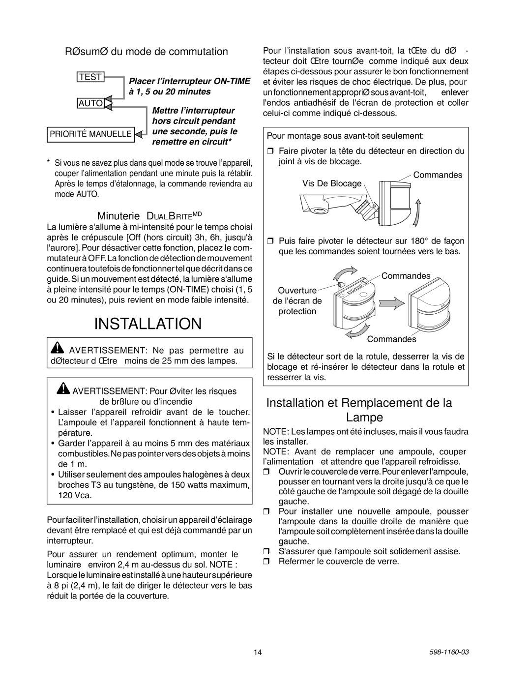 Heath Zenith SH-5512 manual Installation et Remplacement de la Lampe, Résumé du mode de commutation, Minuterie DualBriteMD 