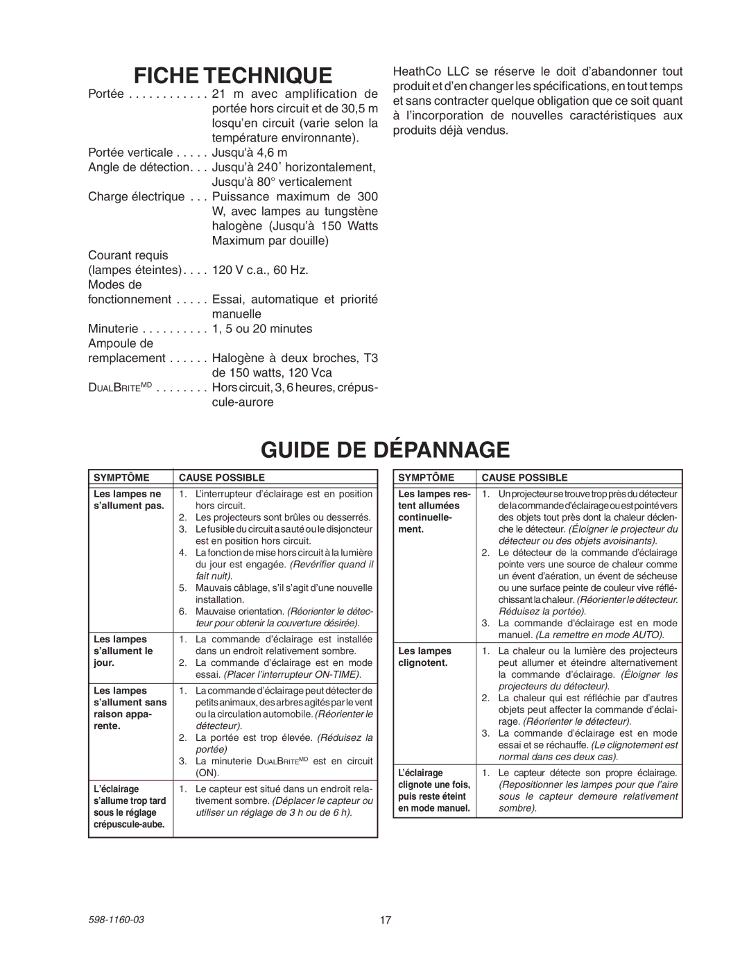 Heath Zenith SH-5512 manual Fiche Technique, Guide DE Dépannage 