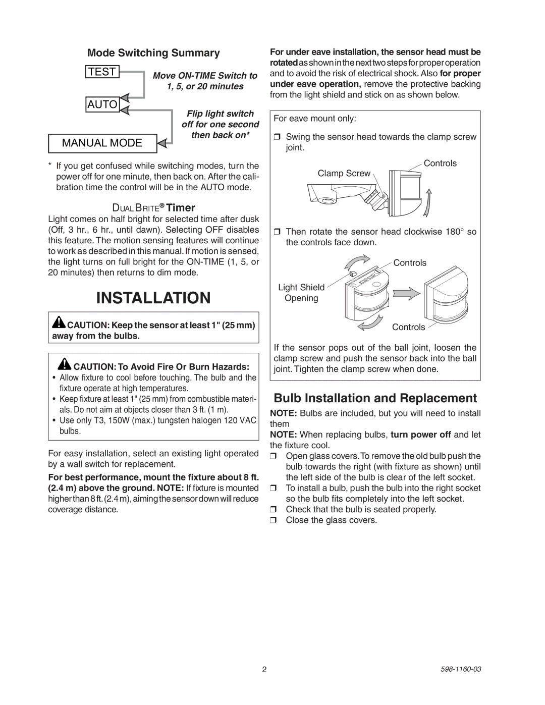 Heath Zenith SH-5512 manual Bulb Installation and Replacement, Mode Switching Summary, DualBrite Timer 