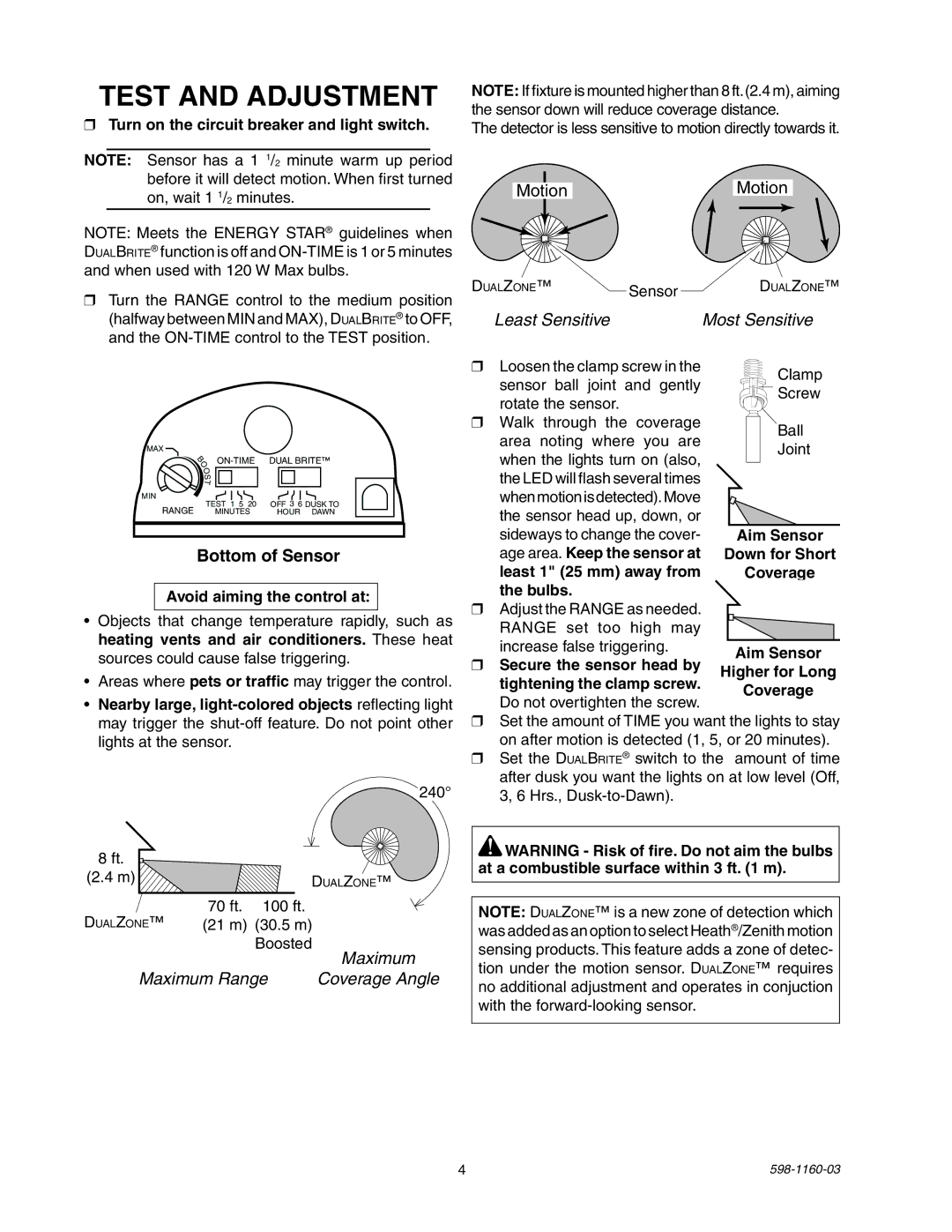 Heath Zenith SH-5512 manual Test and Adjustment, Turn on the circuit breaker and light switch, Avoid aiming the control at 