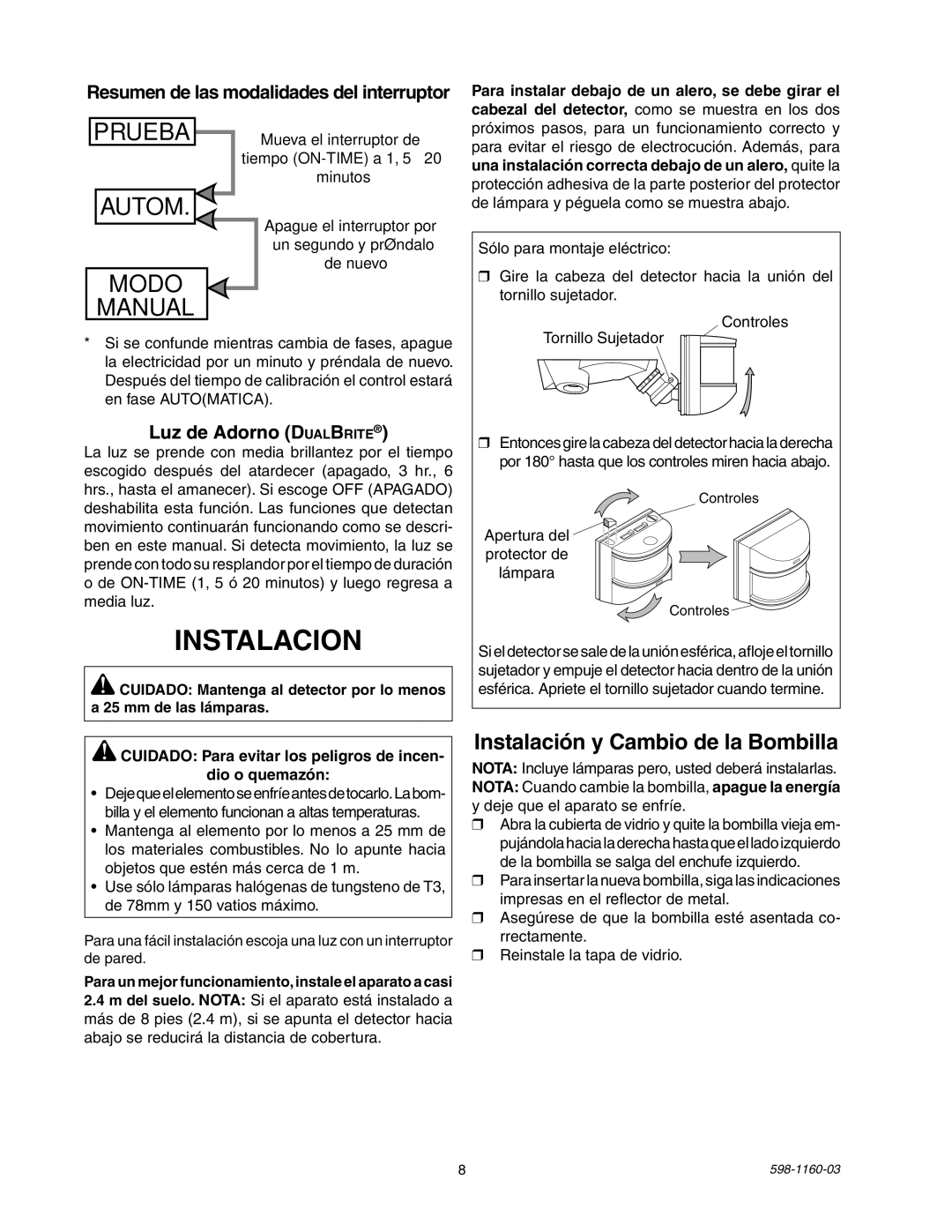 Heath Zenith SH-5512 manual Instalacion, Instalación y Cambio de la Bombilla, Luz de Adorno DualBrite 