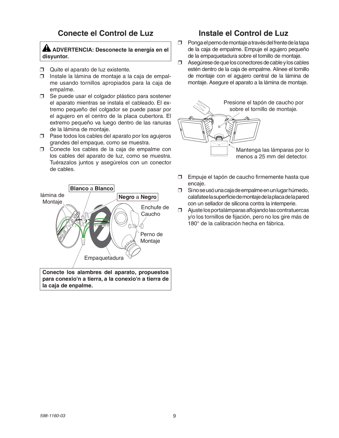 Heath Zenith SH-5512 manual Conecte el Control de Luz, Instale el Control de Luz, Blanco a Blanco, Negro a Negro 