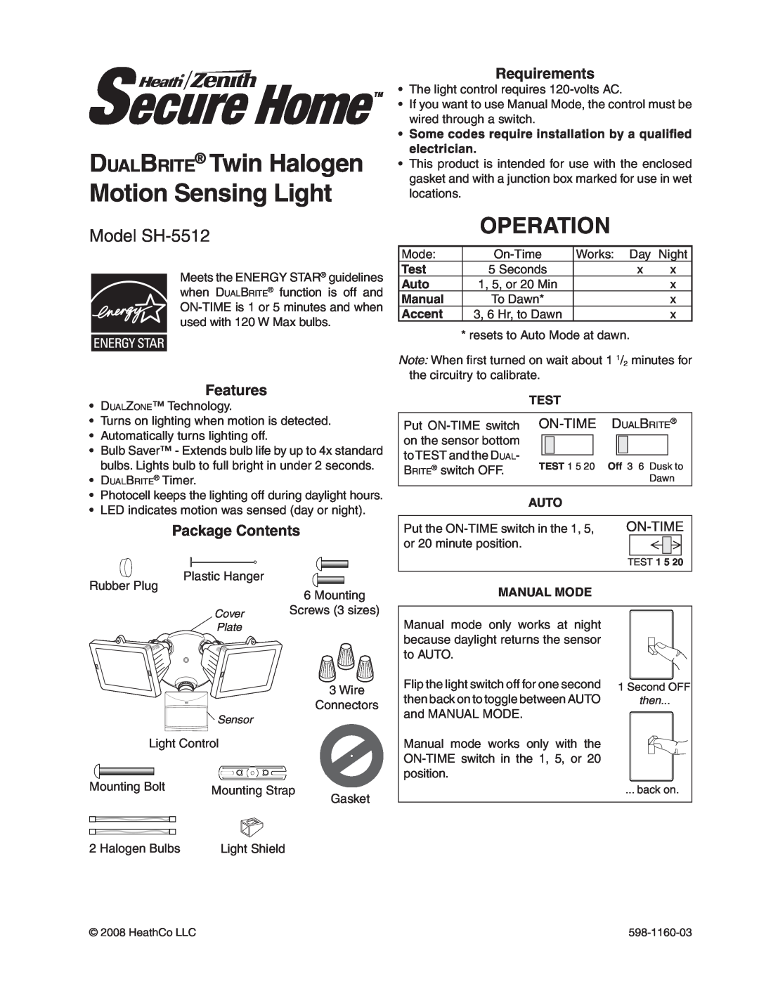 Heath Zenith manual DualBrite Twin Halogen Motion Sensing Light, Operation, Model SH-5512, On-Time, Test, Auto, Manual 