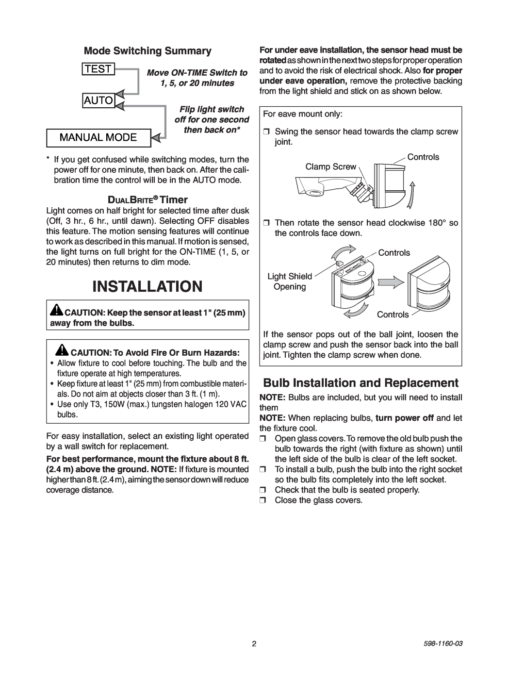 Heath Zenith SH-5512 manual Bulb Installation and Replacement, Auto, Manual Mode, CAUTION To Avoid Fire Or Burn Hazards 