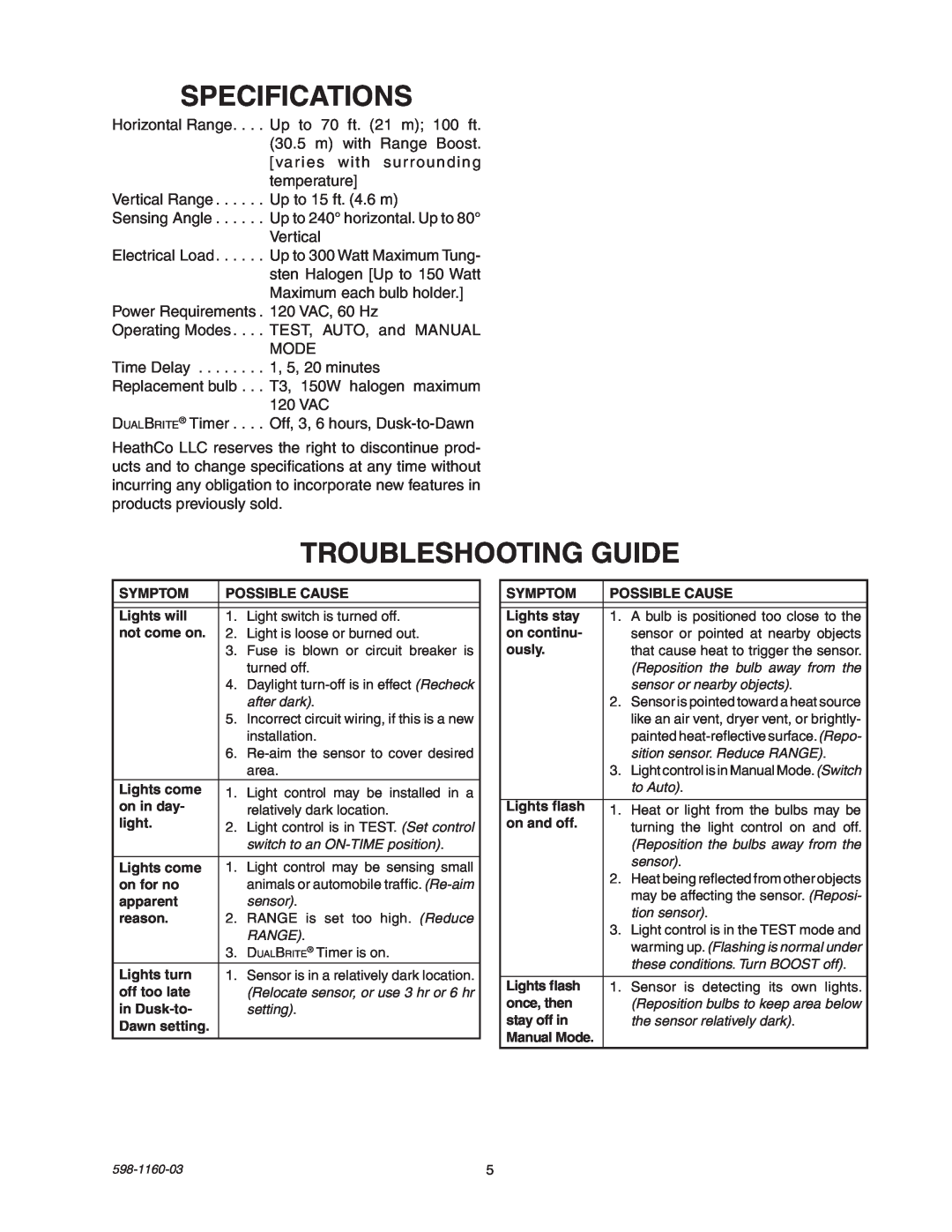 Heath Zenith SH-5512 manual Specifications, Troubleshooting Guide 