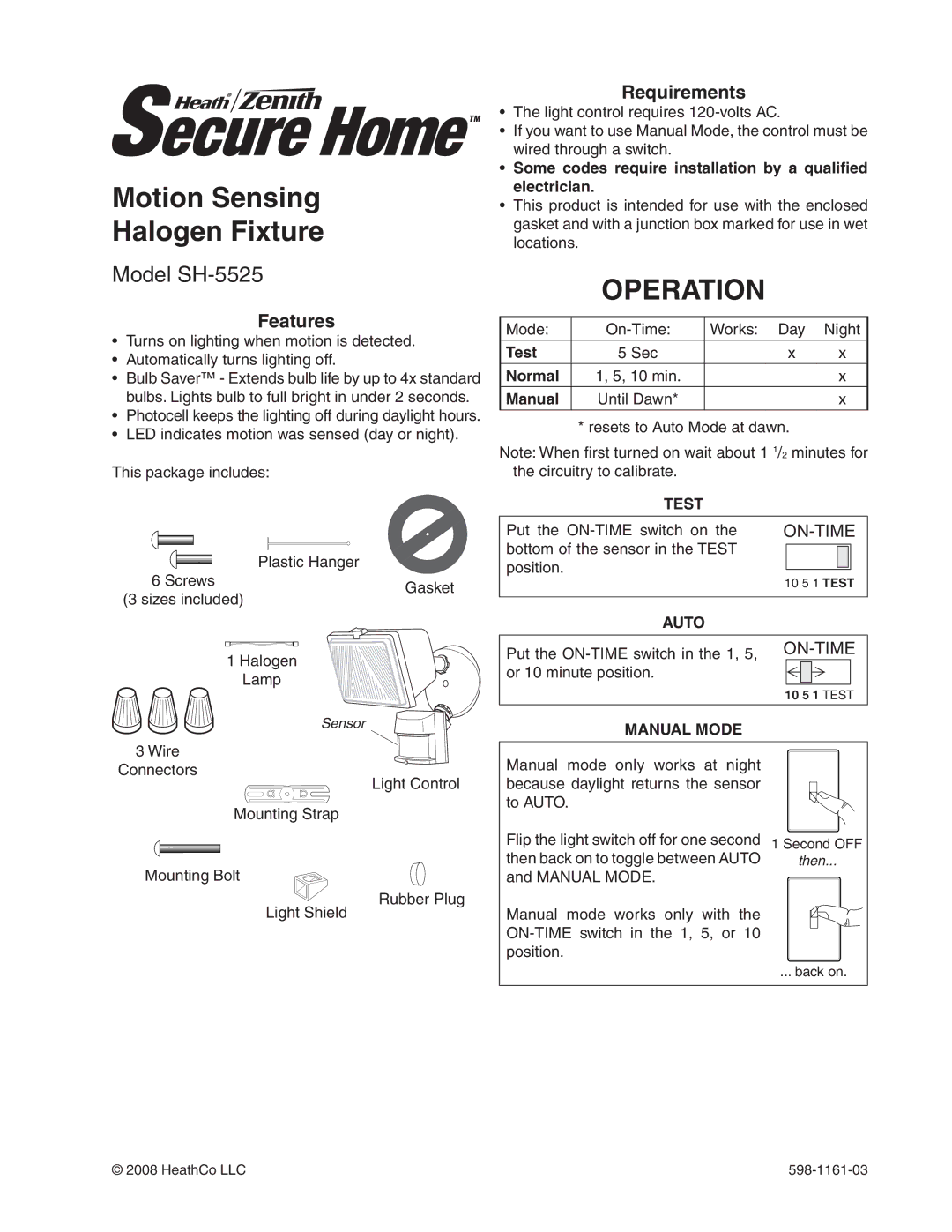 Heath Zenith SH-5525 manual Motion Sensing Halogen Fixture, Operation, Features, Requirements 