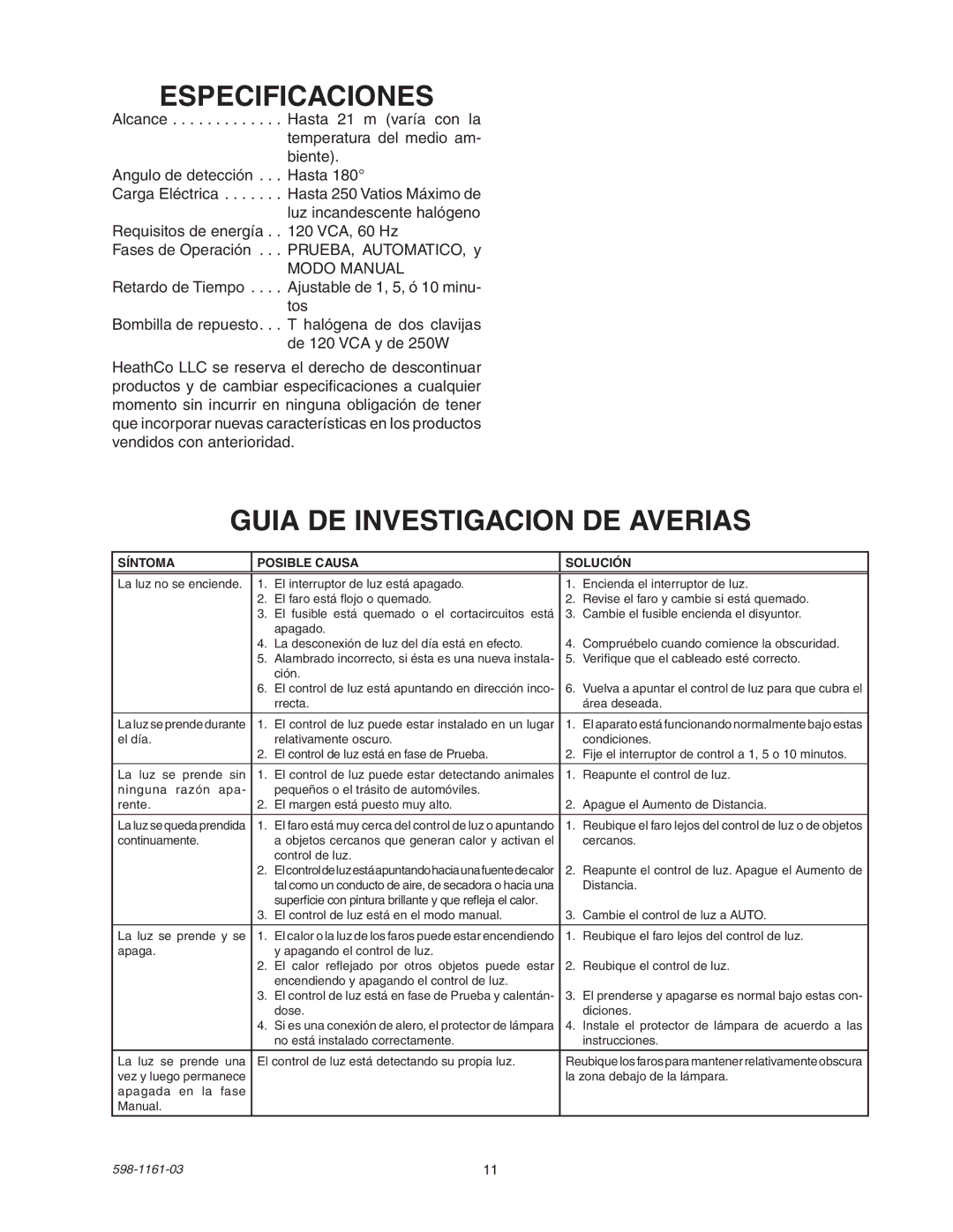 Heath Zenith SH-5525 manual Especificaciones, Guia DE Investigacion DE Averias 