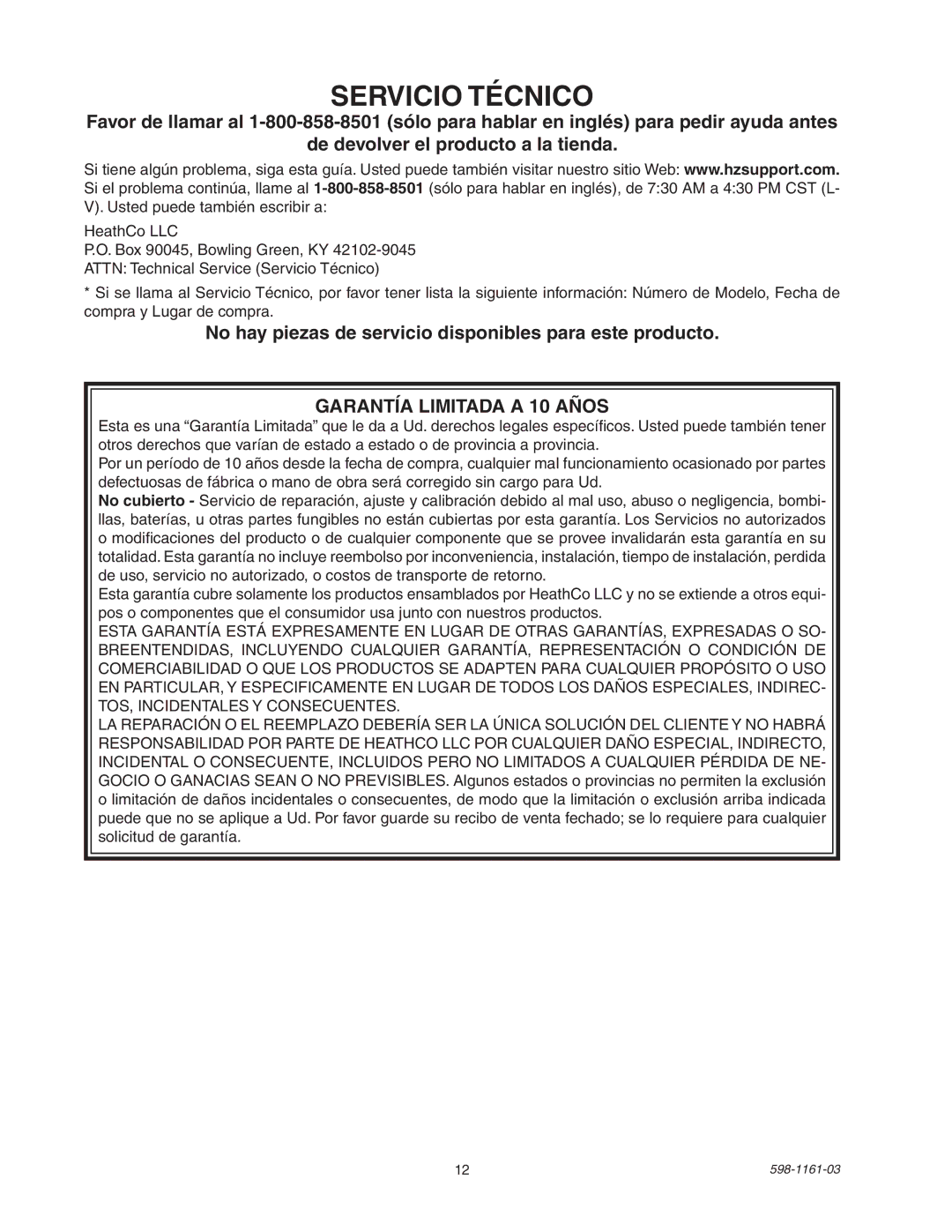 Heath Zenith SH-5525 manual Servicio Técnico, No hay piezas de servicio disponibles para este producto 