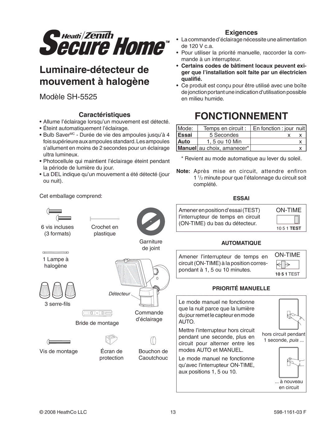 Heath Zenith SH-5525 manual Luminaire-détecteur de mouvement à halogène, Fonctionnement, Caractéristiques, Exigences 