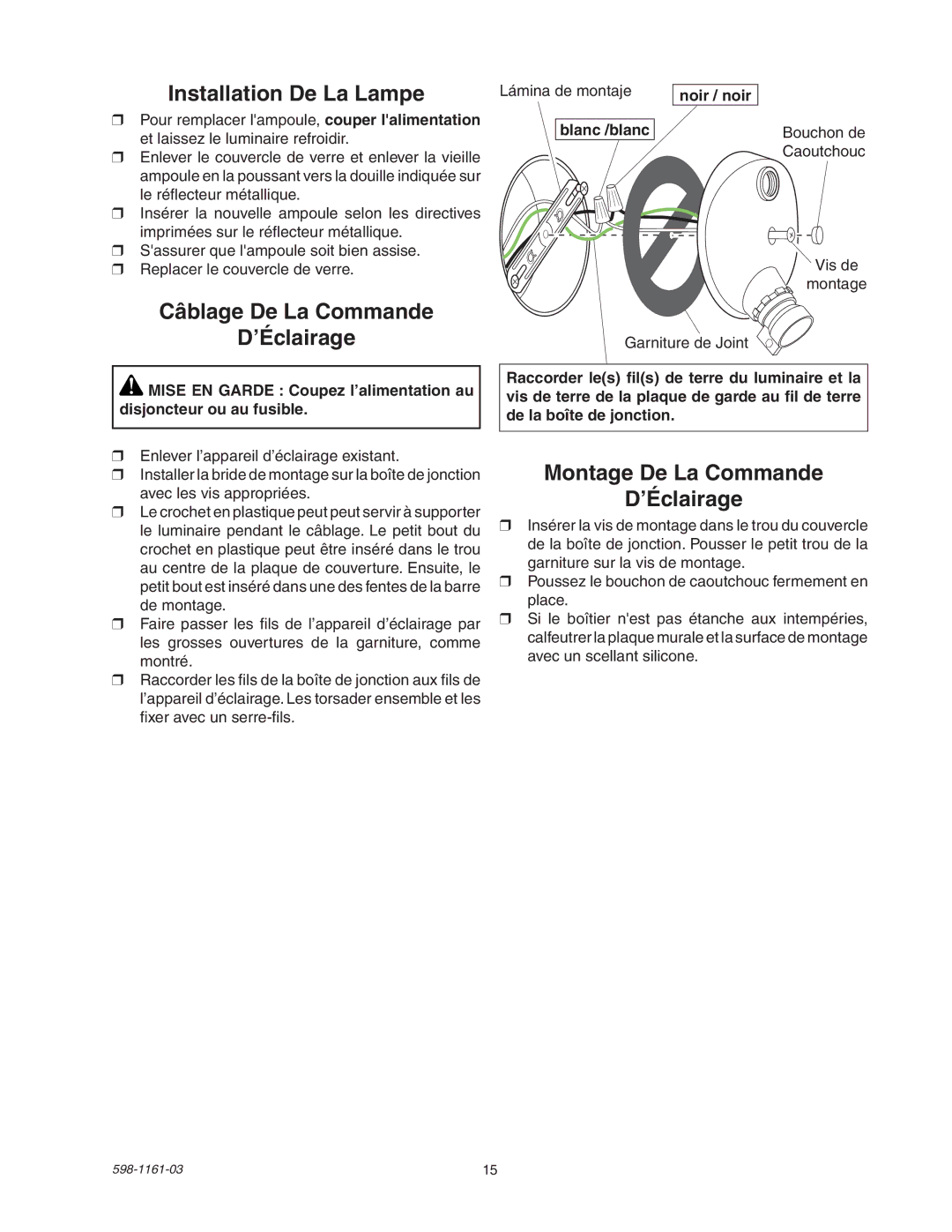 Heath Zenith SH-5525 manual Installation De La Lampe, Noir / noir Blanc /blanc 