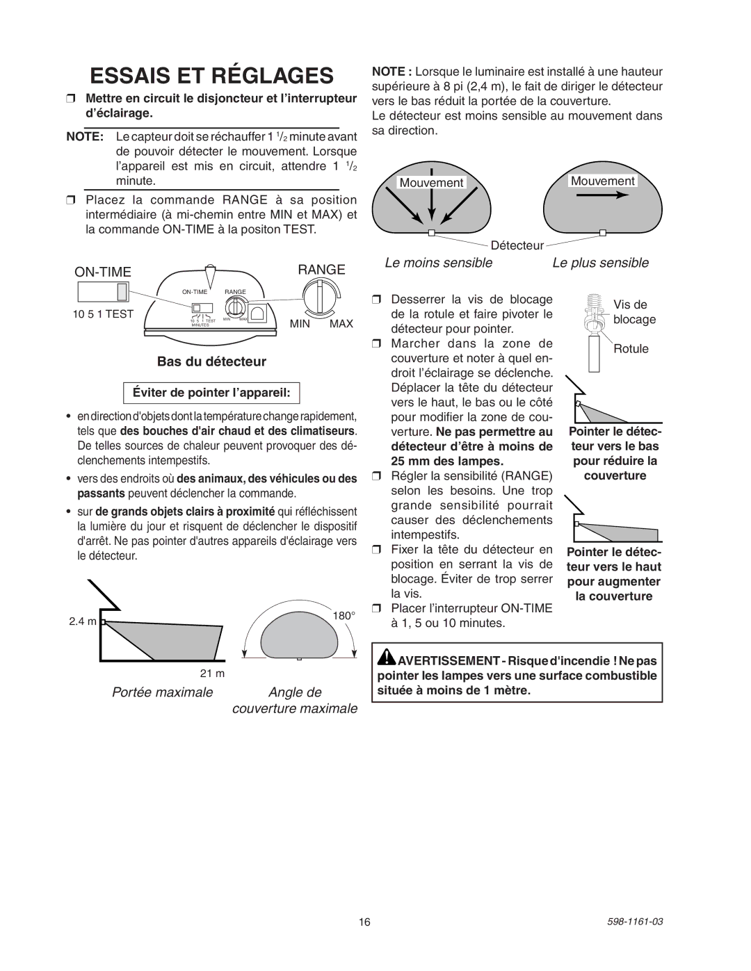 Heath Zenith SH-5525 manual Essais ET Réglages, Éviter de pointer l’appareil 