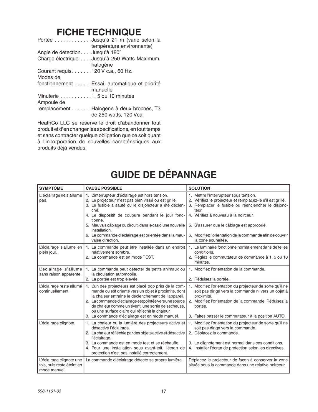 Heath Zenith SH-5525 manual Fiche Technique, Guide DE Dépannage 