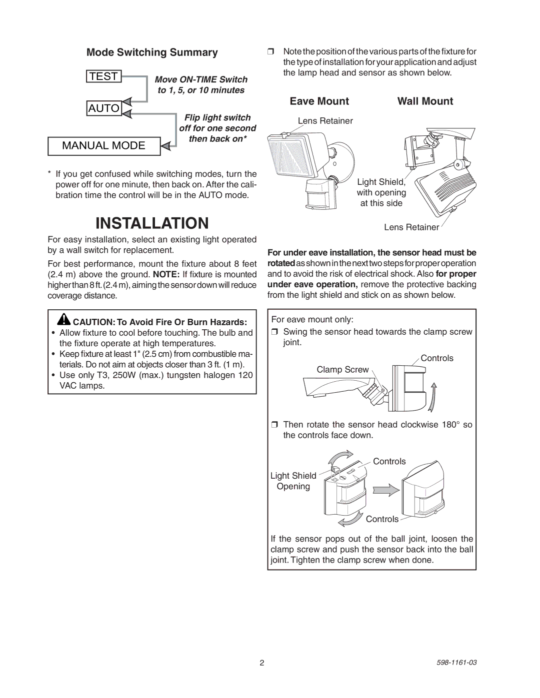 Heath Zenith SH-5525 manual Installation, Mode Switching Summary, Eave Mount Wall Mount 