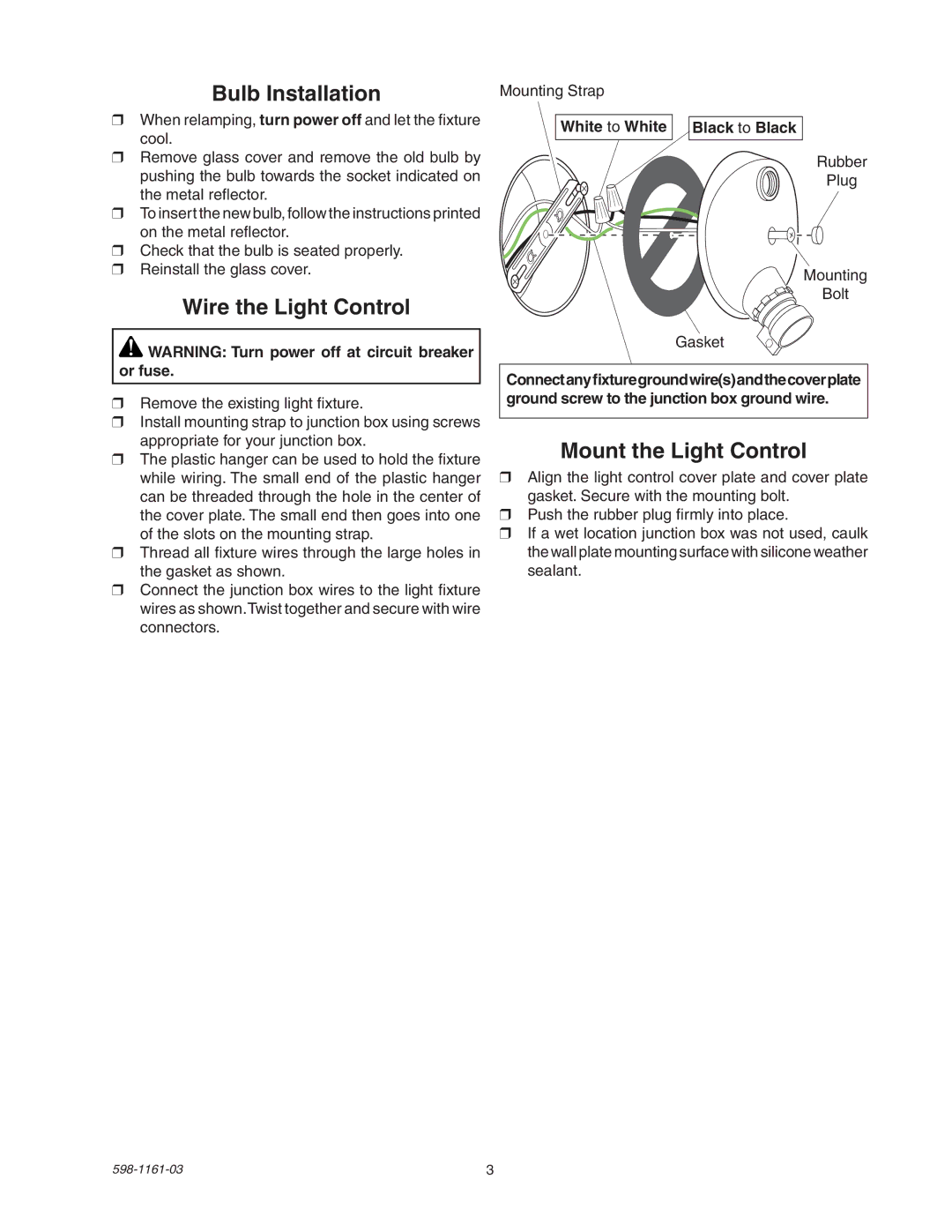 Heath Zenith SH-5525 manual Bulb Installation, White to White Black to Black 