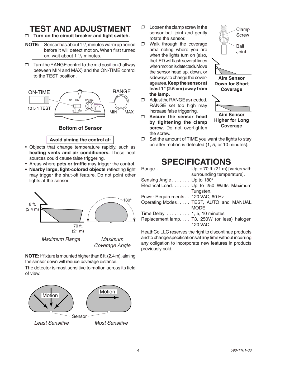 Heath Zenith SH-5525 manual Test and Adjustment, Specifications, Turn on the circuit breaker and light switch 