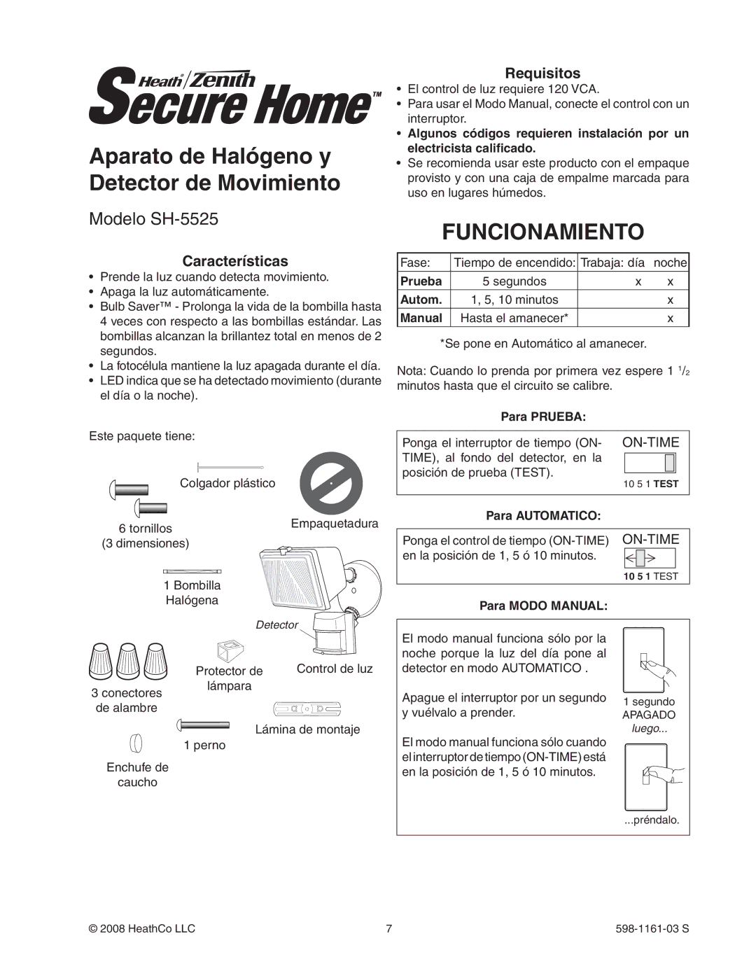 Heath Zenith SH-5525 manual Aparato de Halógeno y Detector de Movimiento, Funcionamiento, Características, Requisitos 