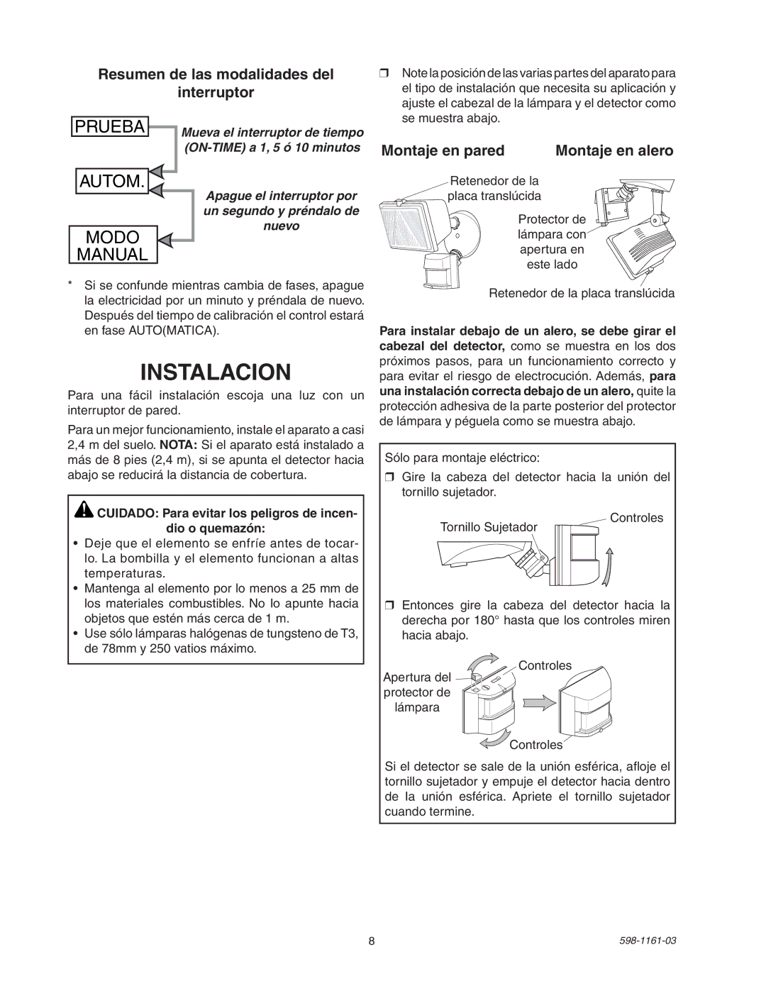 Heath Zenith SH-5525 manual Instalacion, Resumen de las modalidades del Interruptor, Montaje en pared Montaje en alero 