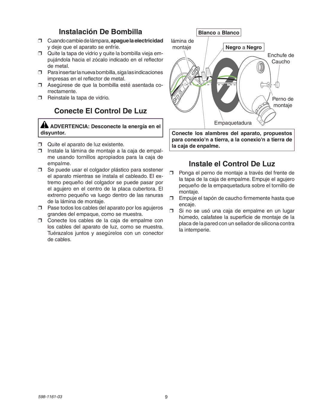 Heath Zenith SH-5525 Advertencia Desconecte la energía en el disyuntor, Blanco a Blanco Lámina de Montaje Negro a Negro 