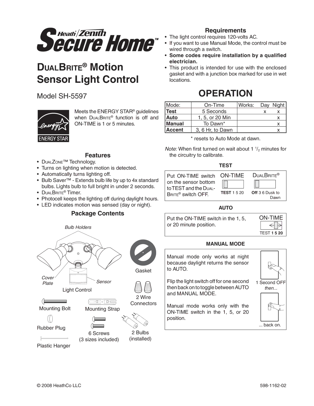 Heath Zenith SH-5597 manual Operation, Features, Package Contents, Requirements 