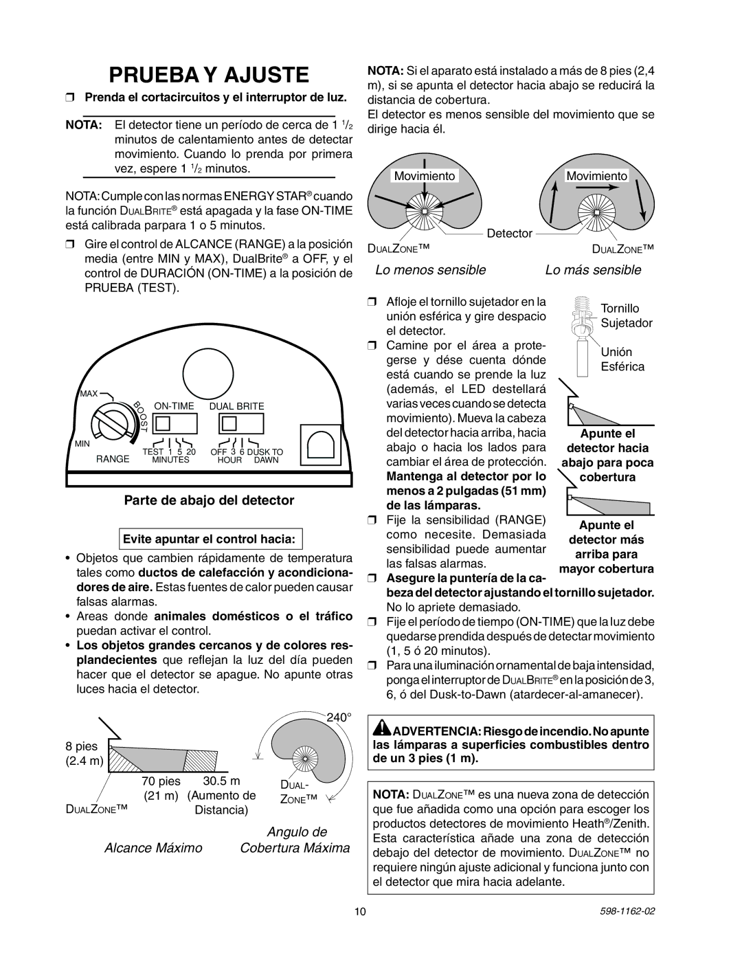 Heath Zenith SH-5597 manual Prueba Y Ajuste 