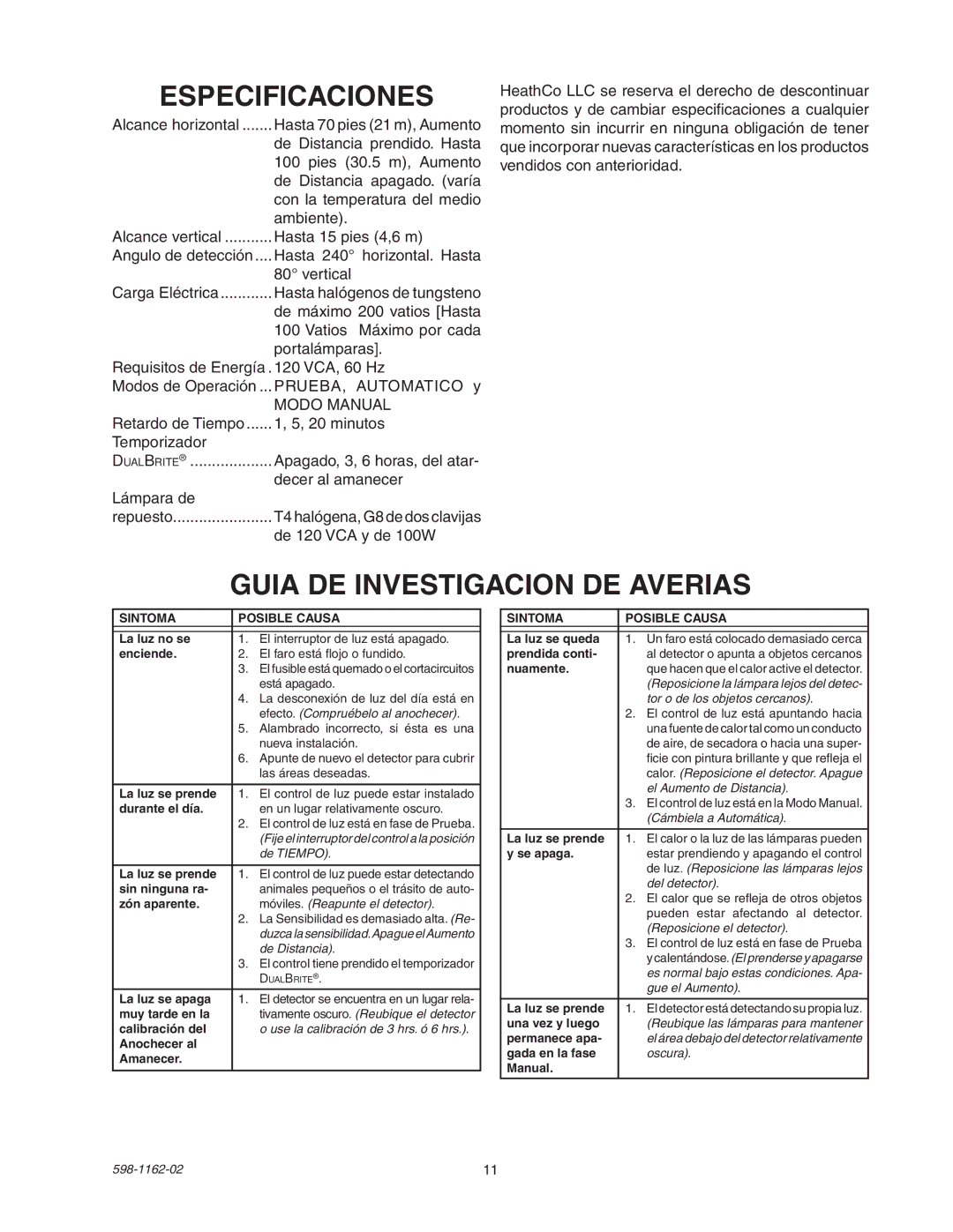 Heath Zenith SH-5597 manual Especificaciones, Guia DE Investigacion DE Averias 