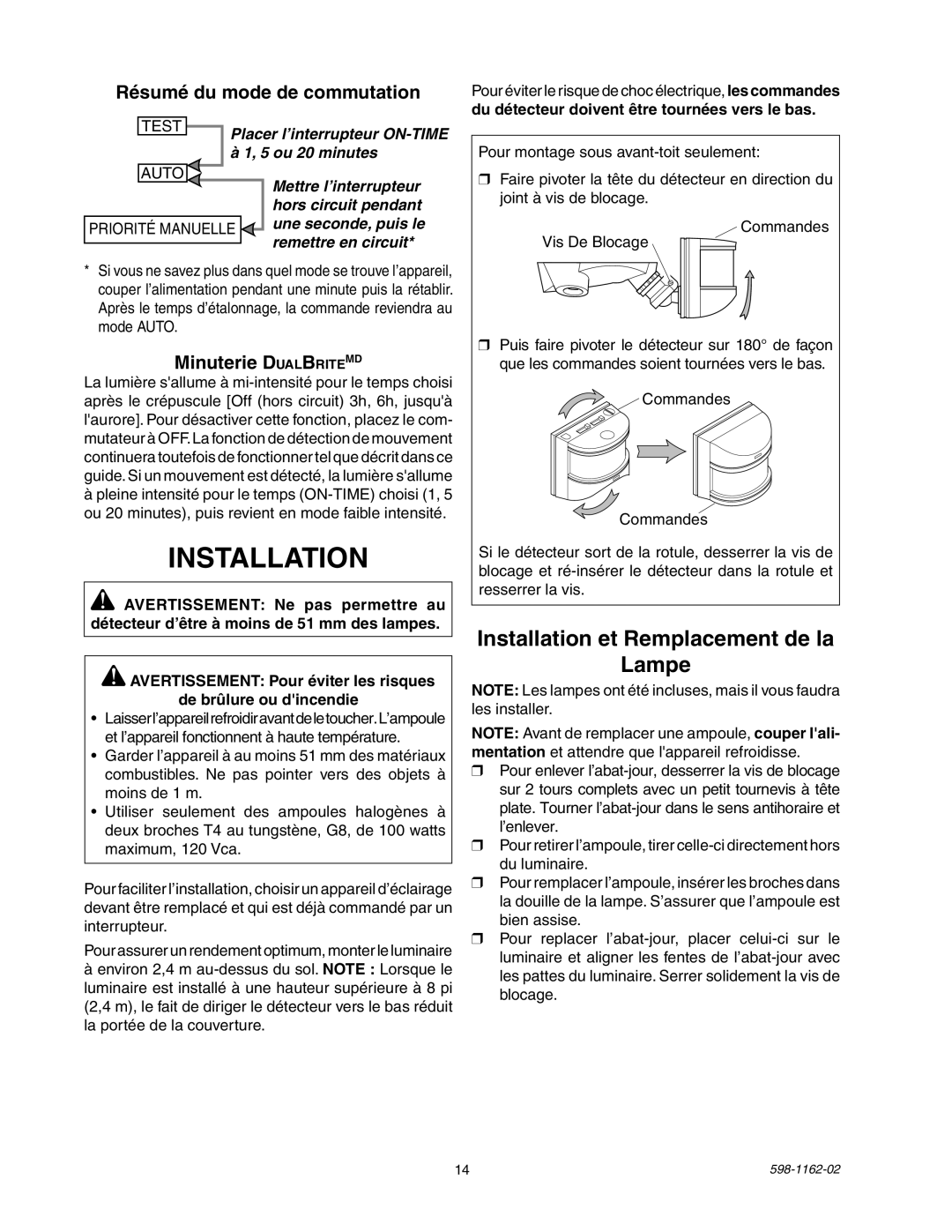 Heath Zenith SH-5597 manual Installation et Remplacement de la Lampe, Résumé du mode de commutation, Minuterie DualBriteMD 