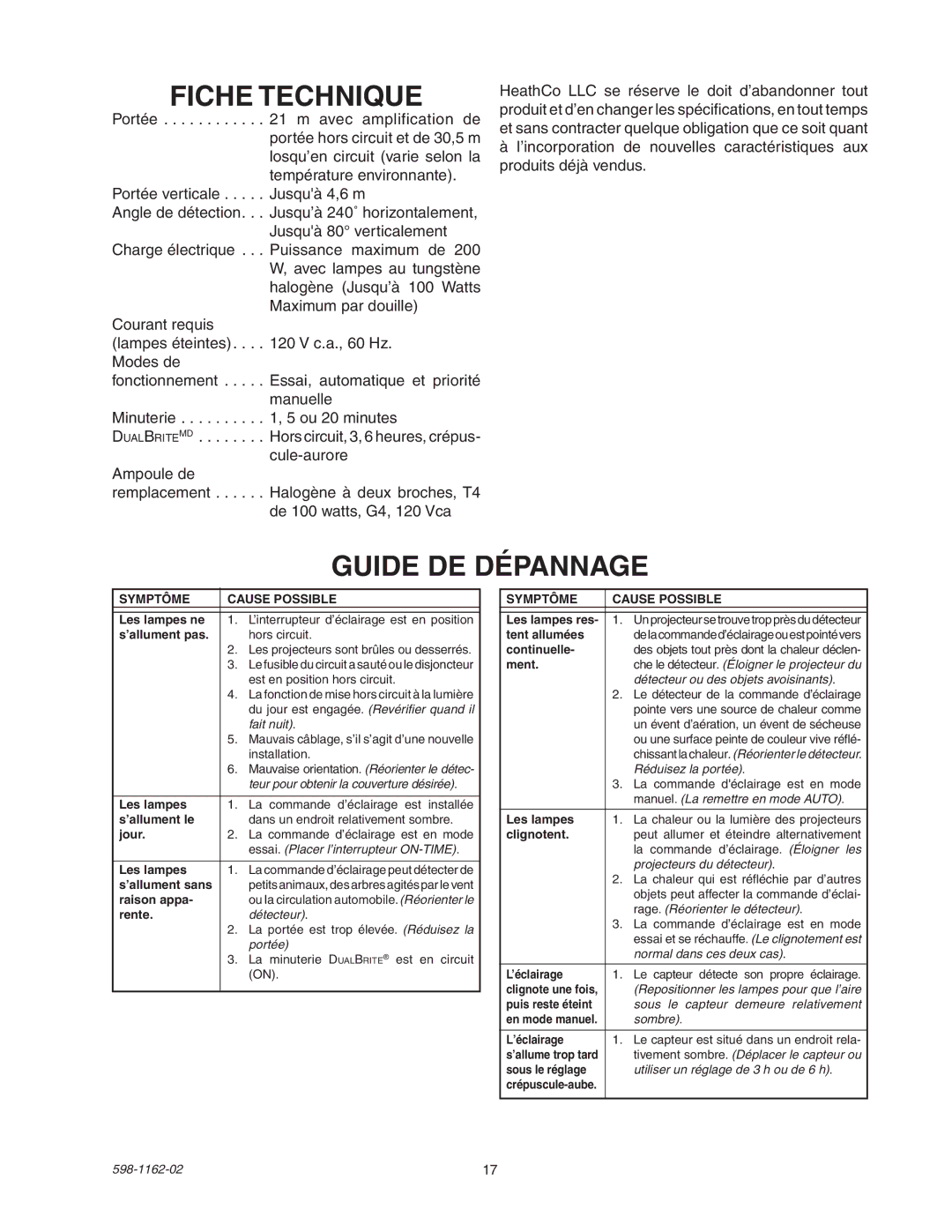 Heath Zenith SH-5597 manual Fiche Technique, Guide DE Dépannage 