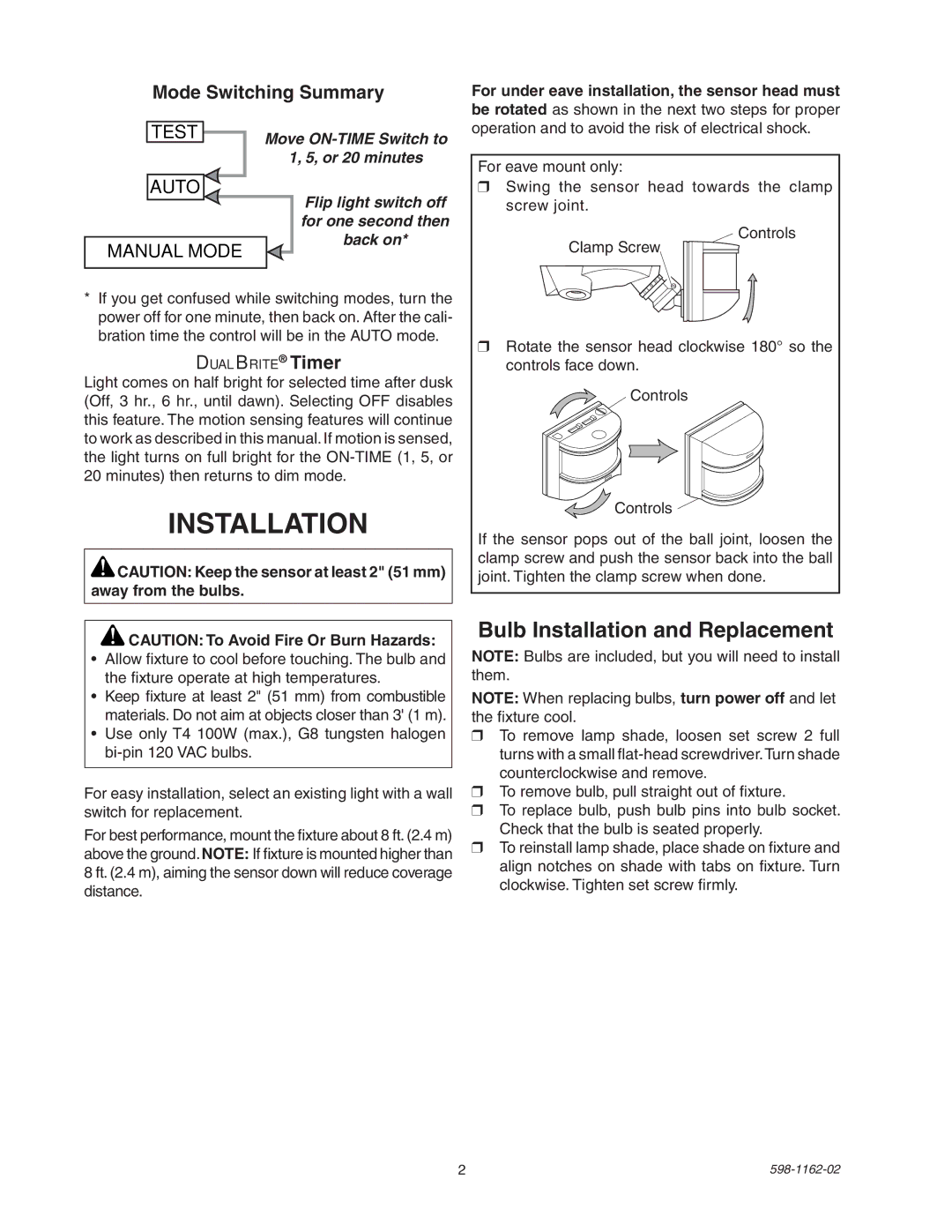 Heath Zenith SH-5597 manual Bulb Installation and Replacement, Mode Switching Summary, DualBrite Timer 