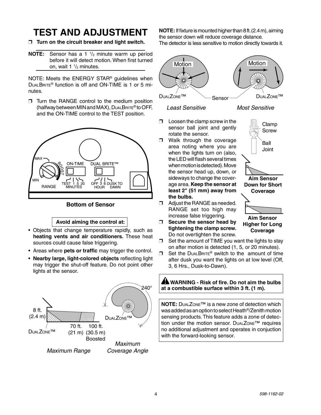 Heath Zenith SH-5597 manual Test and Adjustment, Turn on the circuit breaker and light switch, Avoid aiming the control at 