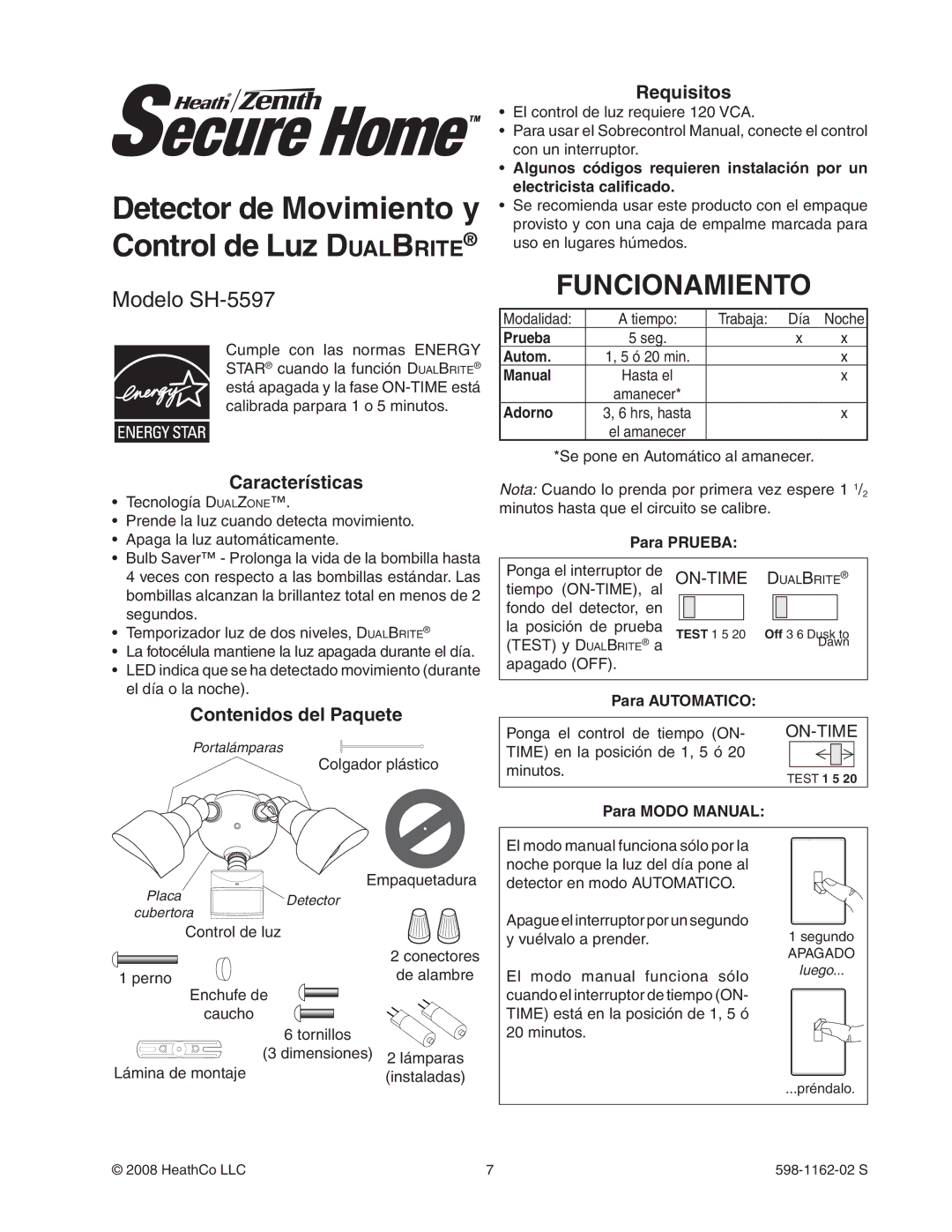 Heath Zenith SH-5597 manual Funcionamiento, Características, Contenidos del Paquete, Requisitos 