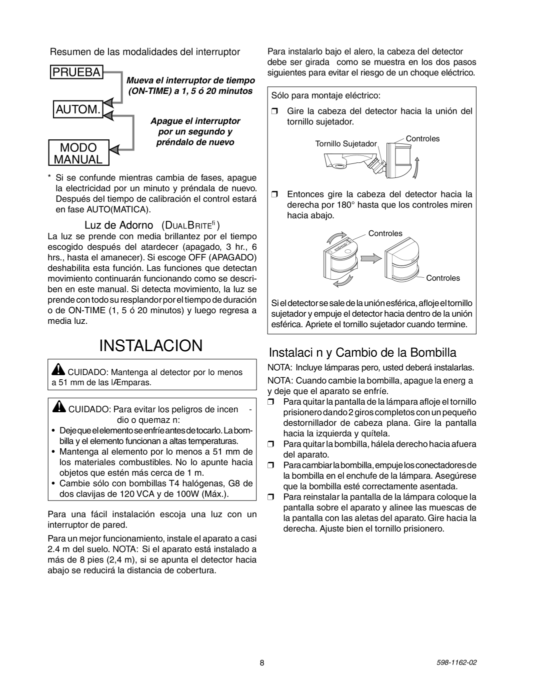 Heath Zenith SH-5597 manual Instalacion, Instalación y Cambio de la Bombilla, Luz de Adorno DualBrite 