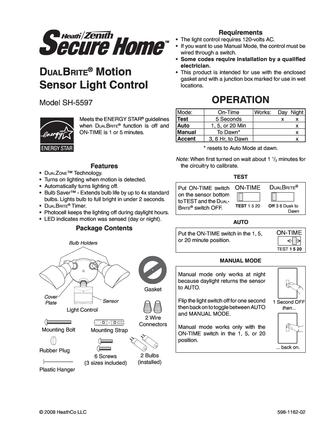 Heath Zenith manual DualBrite Motion Sensor Light Control, Operation, Model SH-5597, On-Time, Test, Auto, Manual 