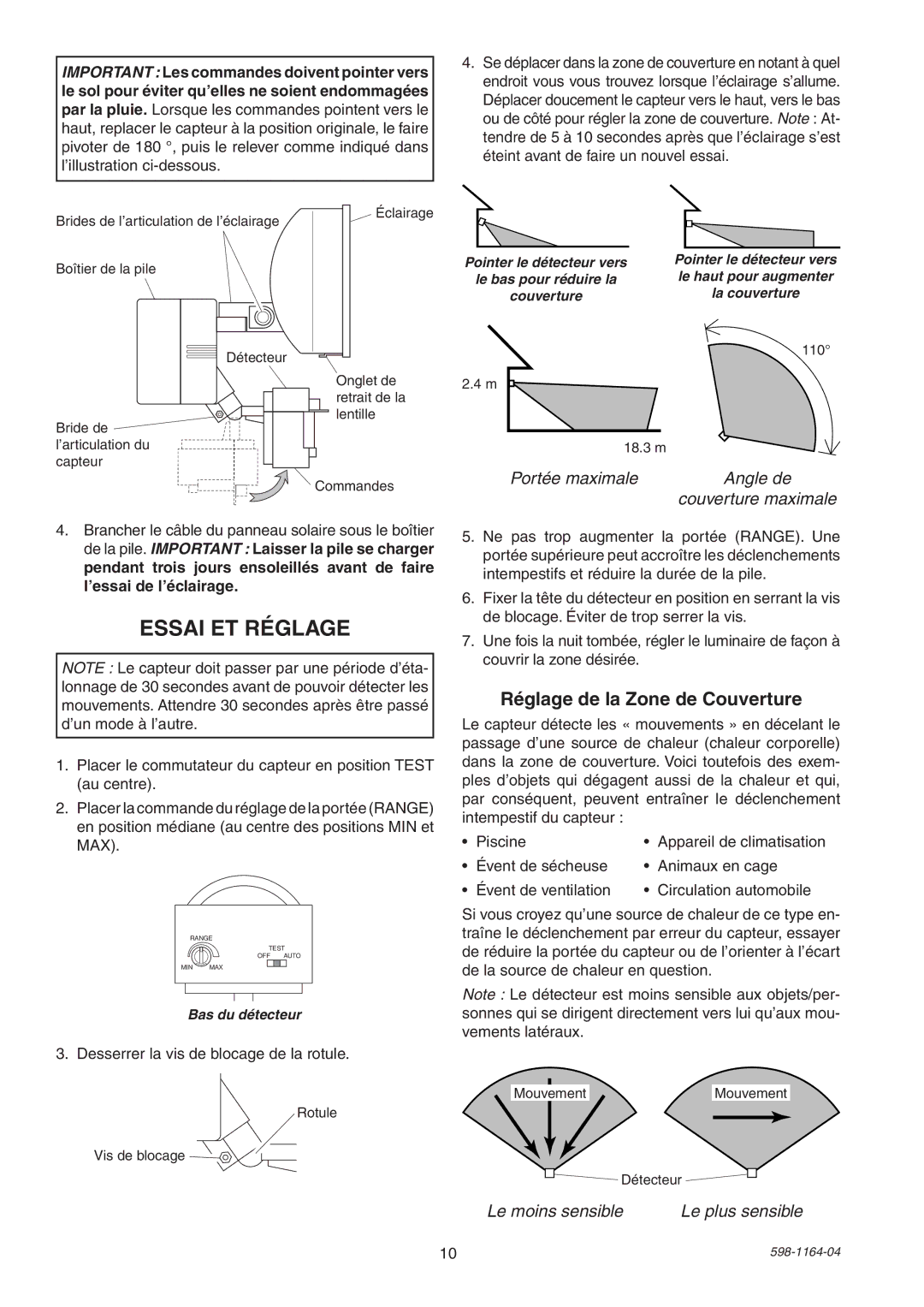 Heath Zenith SH-7001 manual Essai ET Réglage, Réglage de la Zone de Couverture, Desserrer la vis de blocage de la rotule 