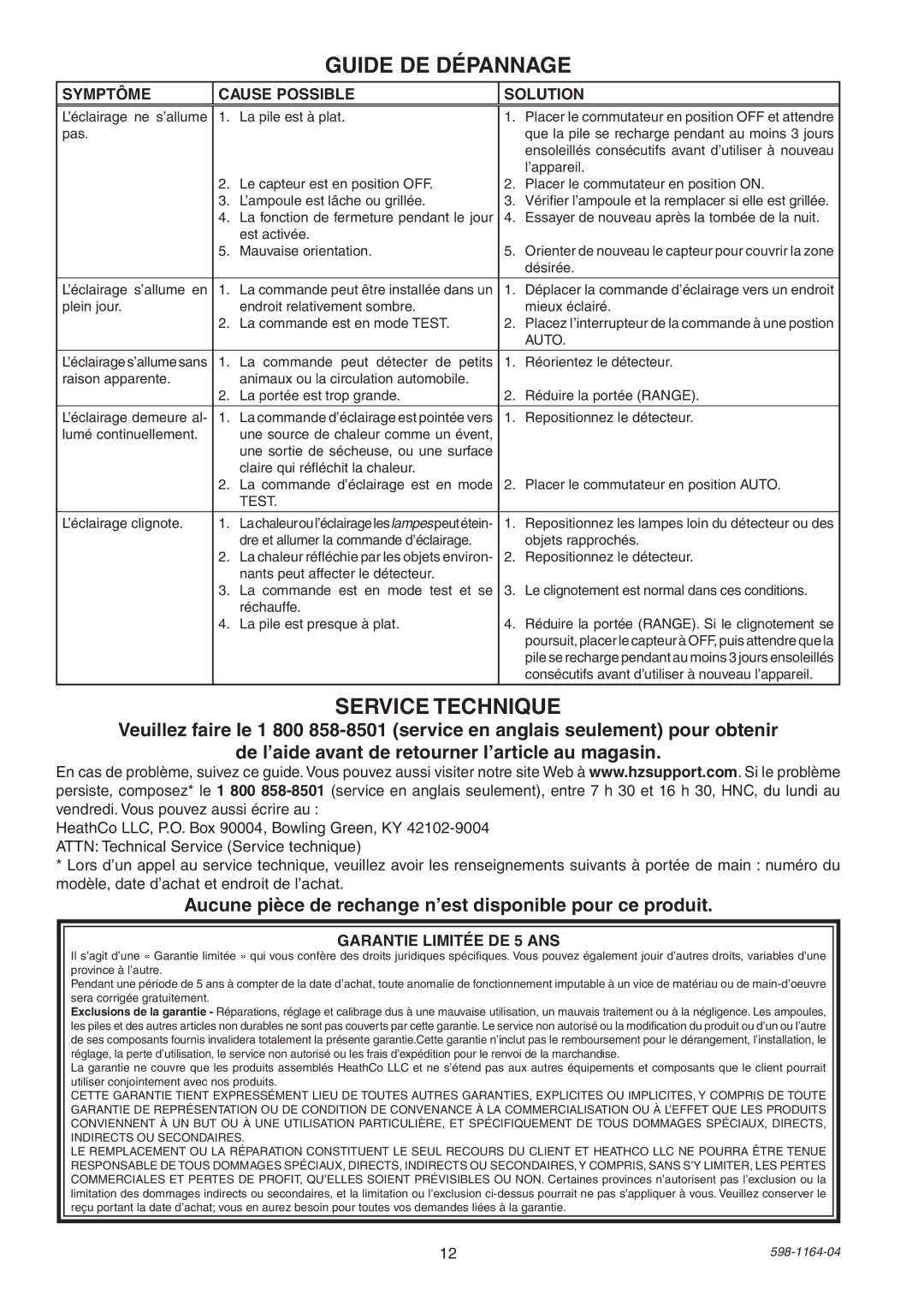 Heath Zenith SH-7001 Guide DE Dépannage, Service Technique, Aucune pièce de rechange n’est disponible pour ce produit 