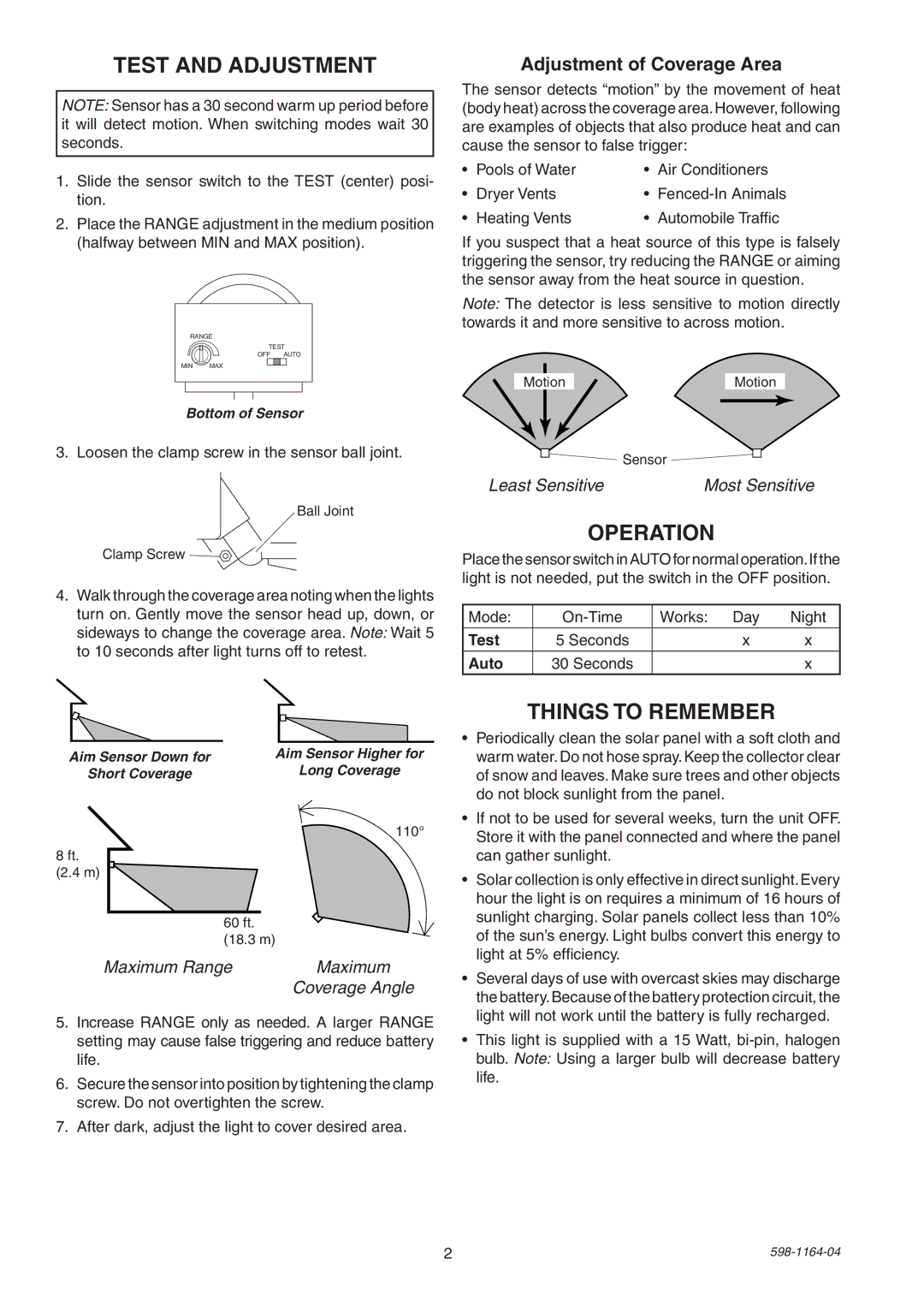 Heath Zenith SH-7001 manual Test and Adjustment, Operation, Things To Remember, Adjustment of Coverage Area 