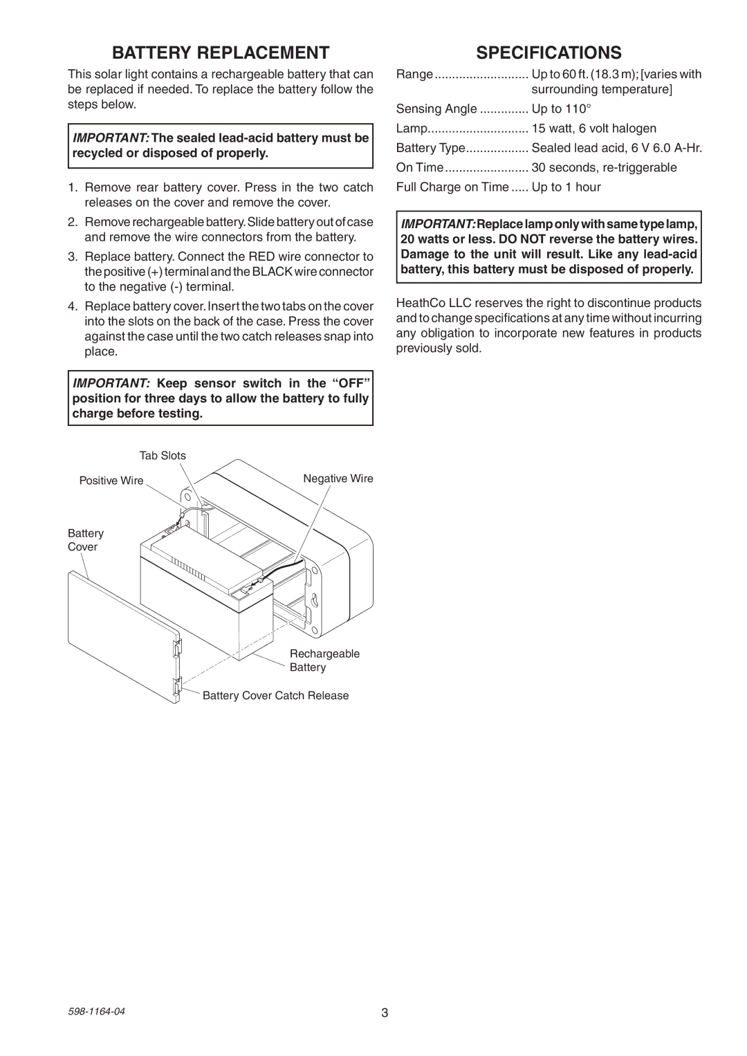 Heath Zenith SH-7001 manual Battery Replacement, Specifications 