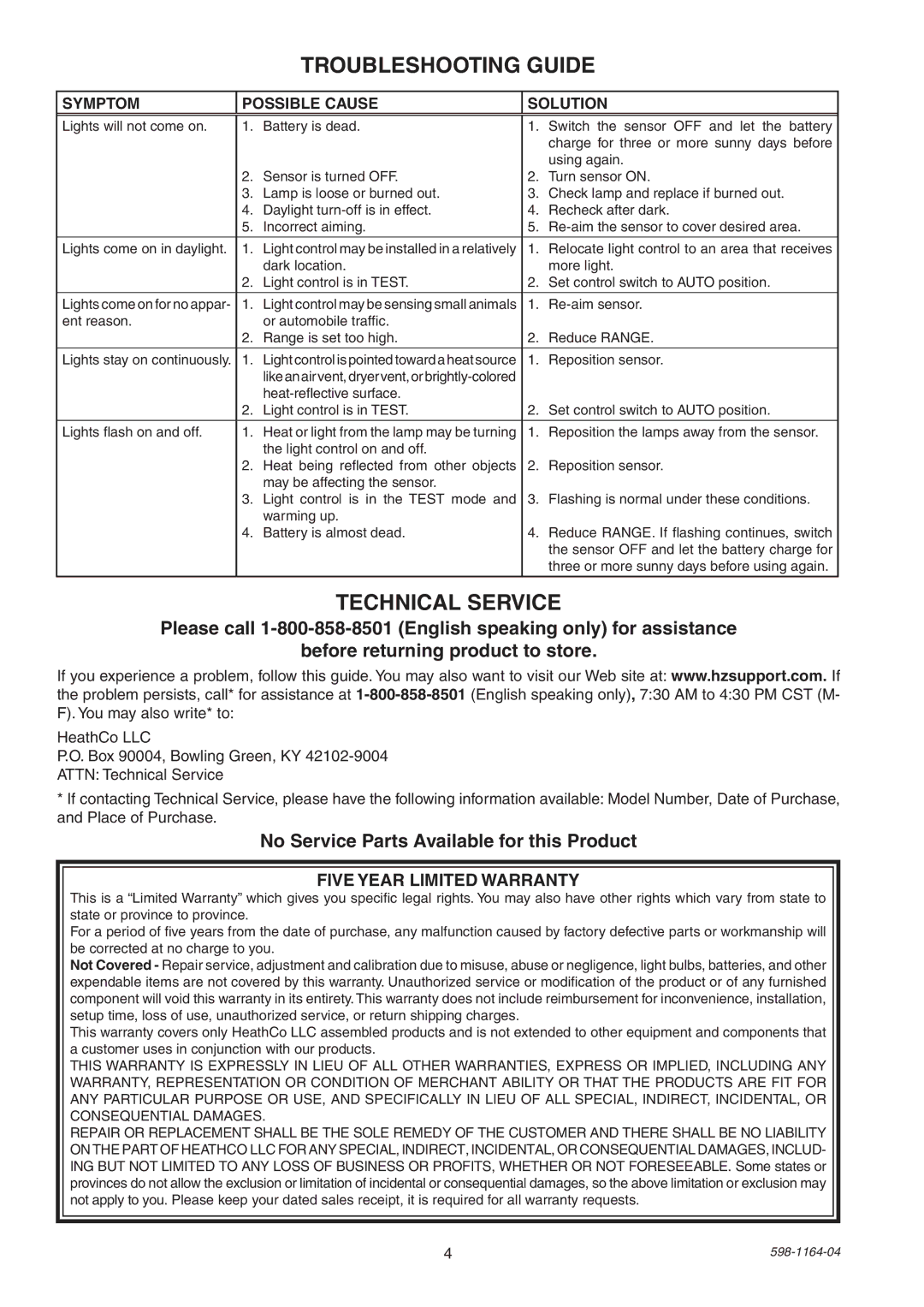 Heath Zenith SH-7001 manual Troubleshooting Guide, Technical Service, No Service Parts Available for this Product 