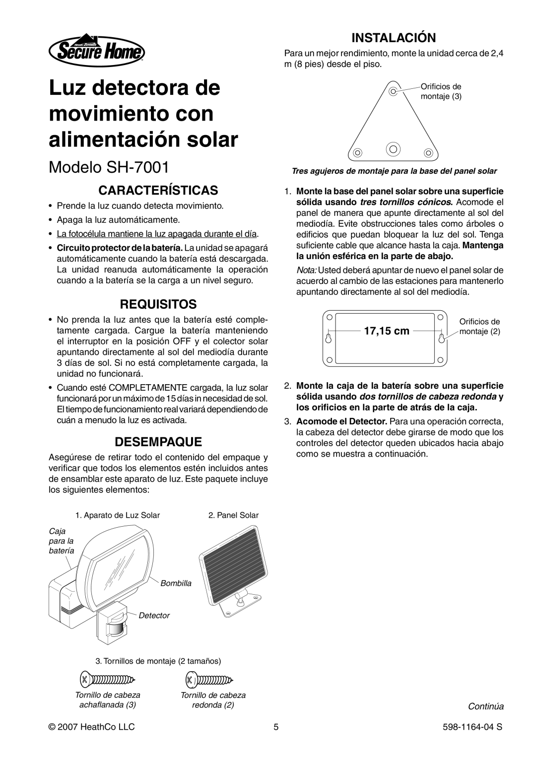 Heath Zenith manual Modelo SH-7001, Características, Requisitos, Desempaque, Instalación 