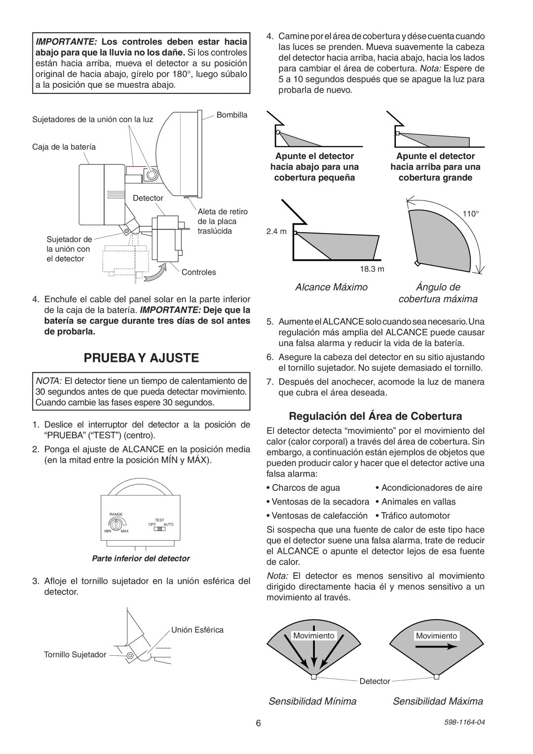 Heath Zenith SH-7001 manual Prueba Y Ajuste, Regulación del Área de Cobertura 